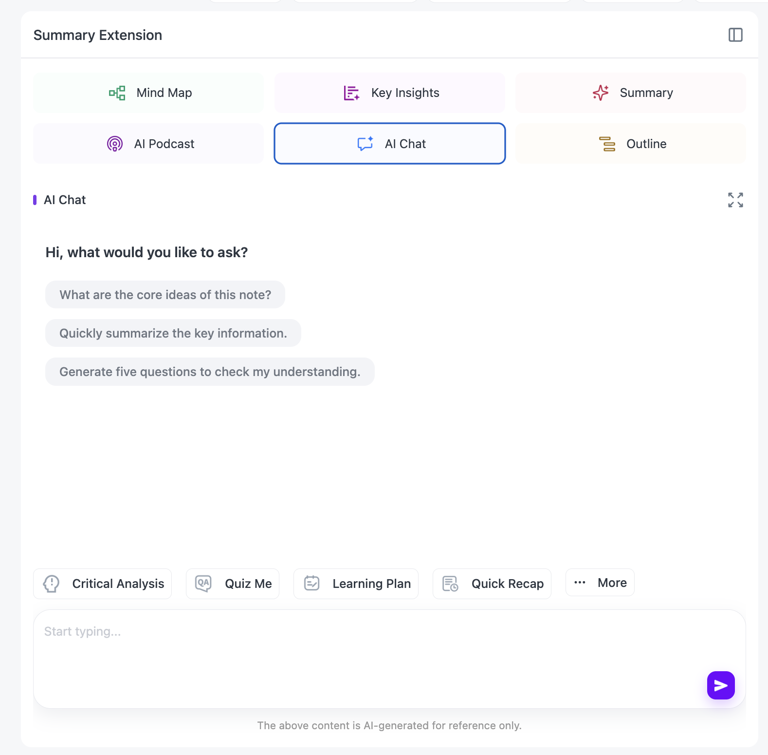 NoteAi AI Chat for asking source-based questions about a processed video