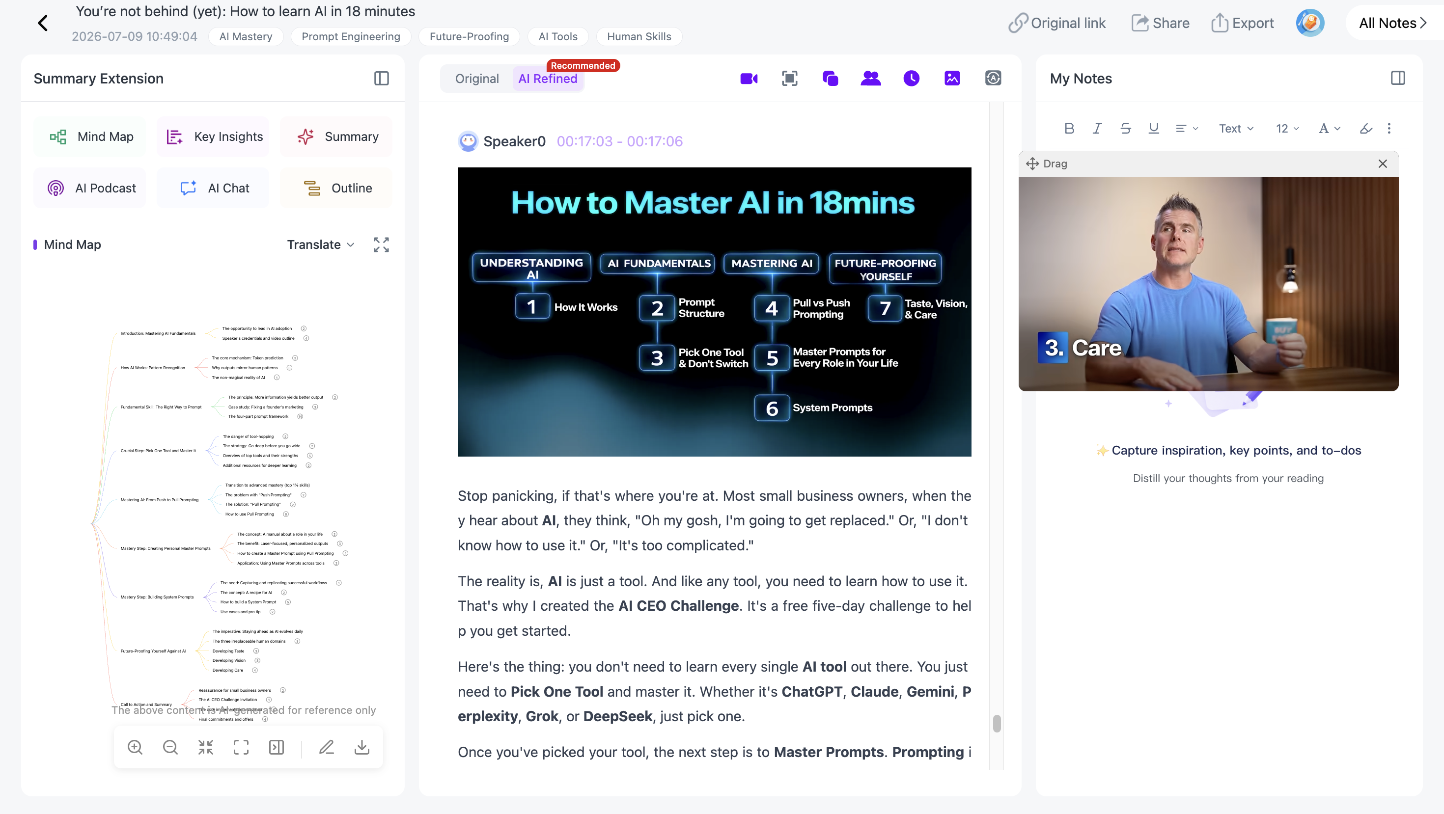 NoteAi Visual Notes preserving key video frames beside the matching text