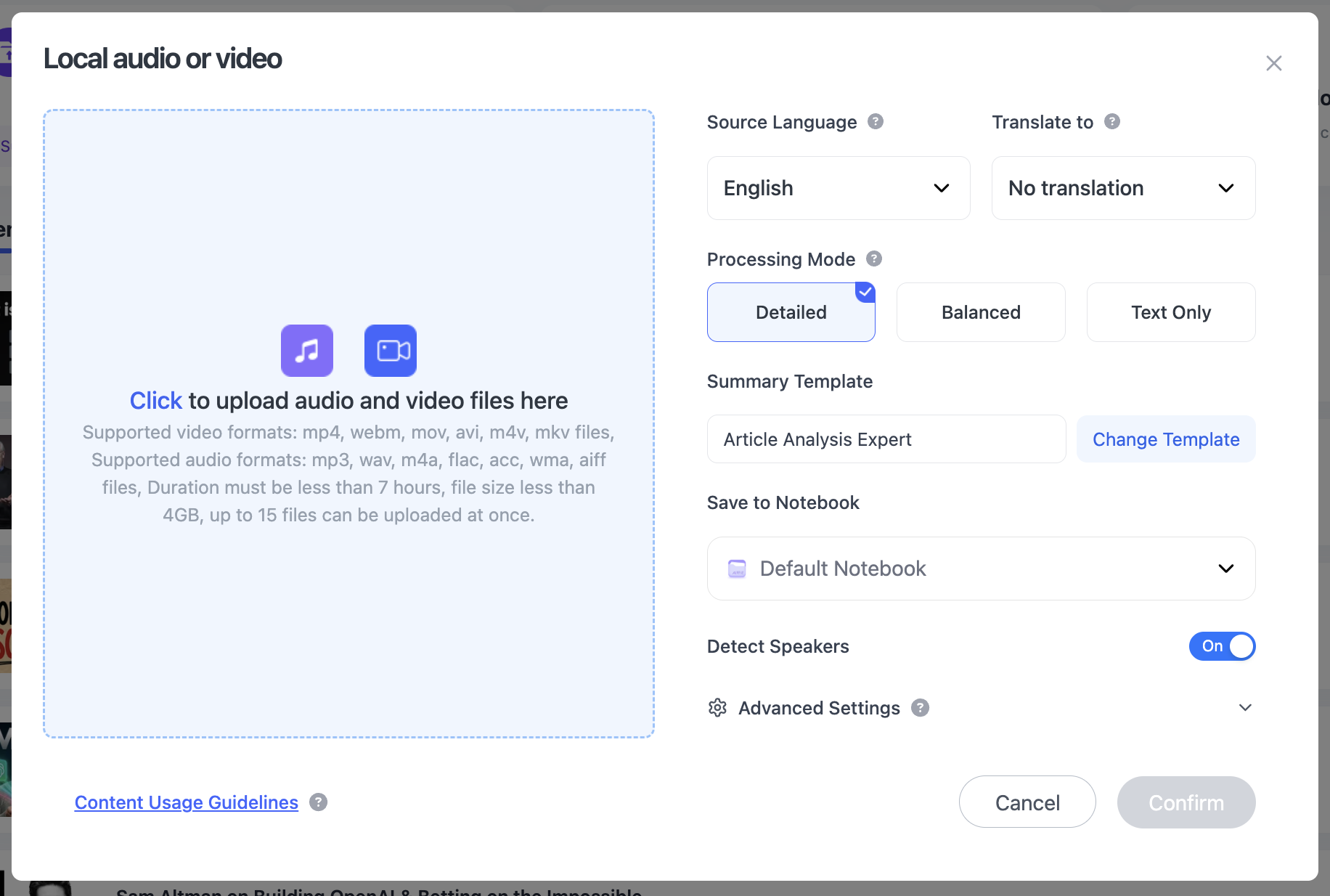 NoteAi local-upload page for importing full-length recorded lectures and course videos