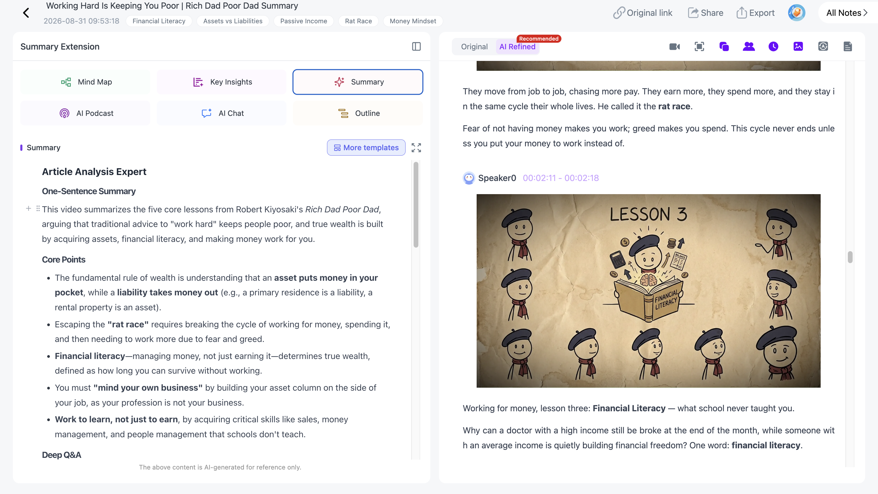 NoteAi lecture summary page for reviewing the structure of a recorded class