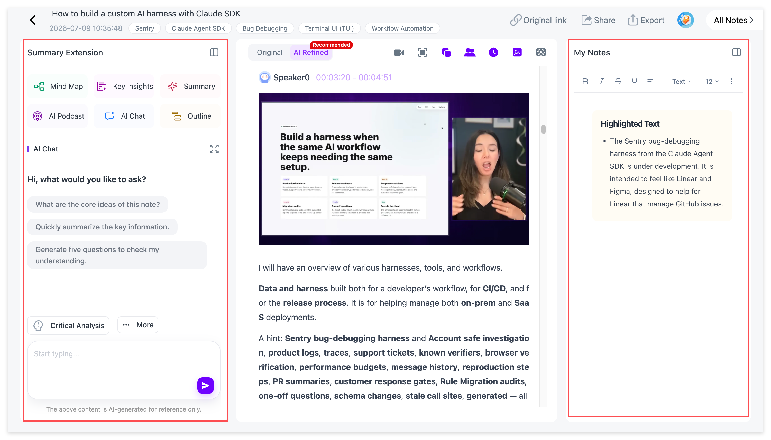 NoteAi notes and annotation workspace for organizing lecture summaries and saved study material