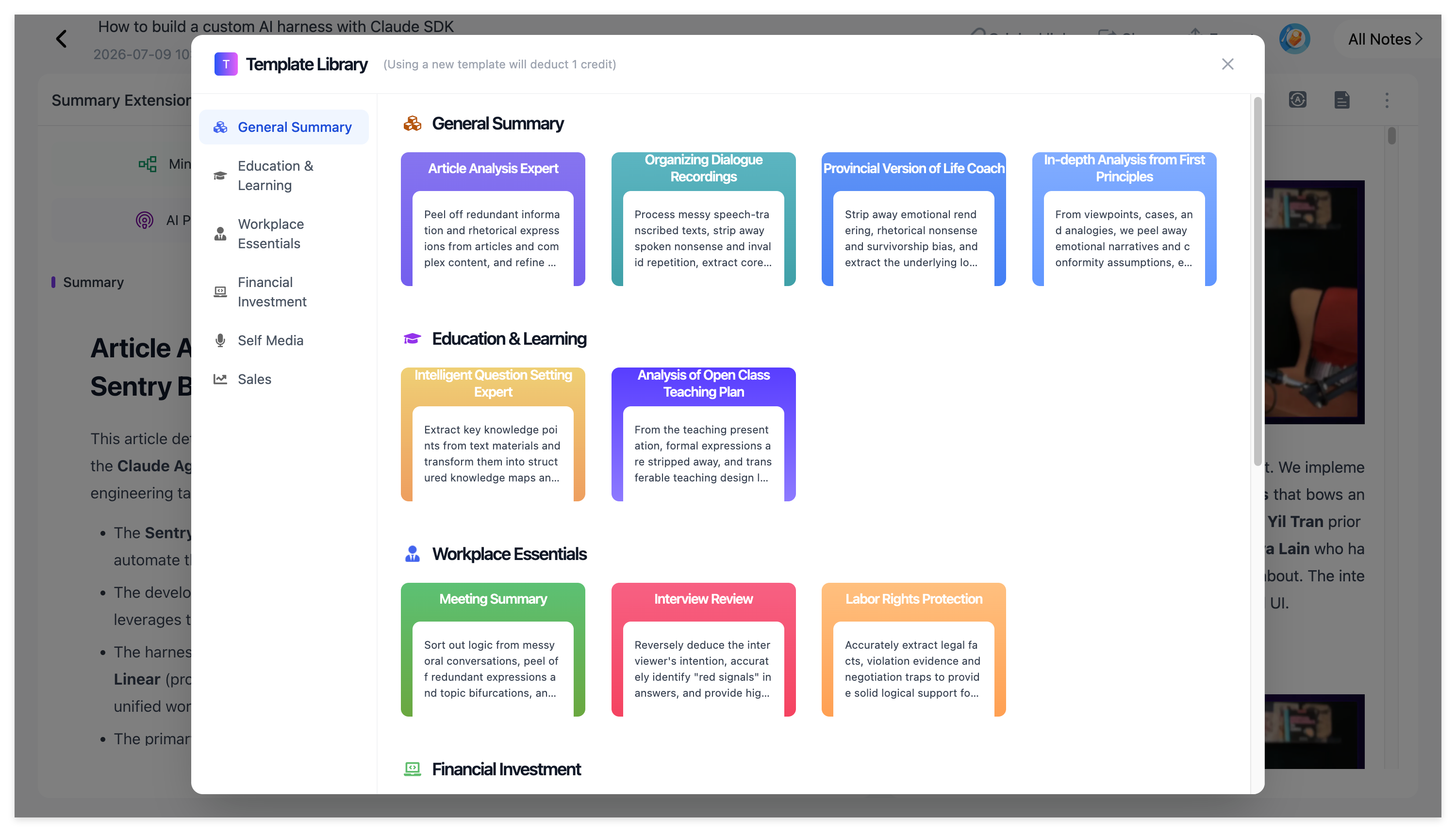 NoteAi Summary Template interface for turning recorded lectures into reusable study-note formats