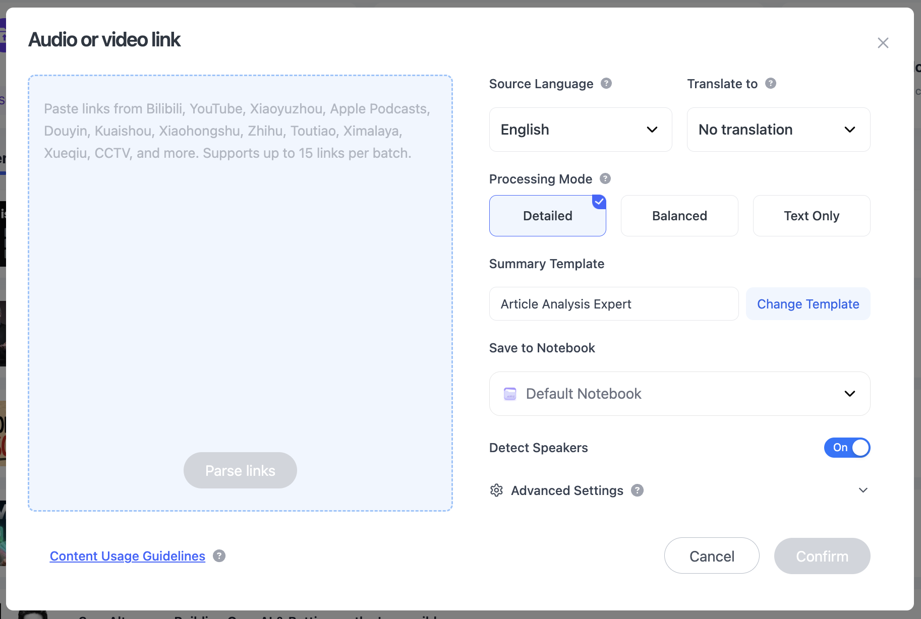 NoteAi URL import page for pasting a YouTube or other supported video link directly