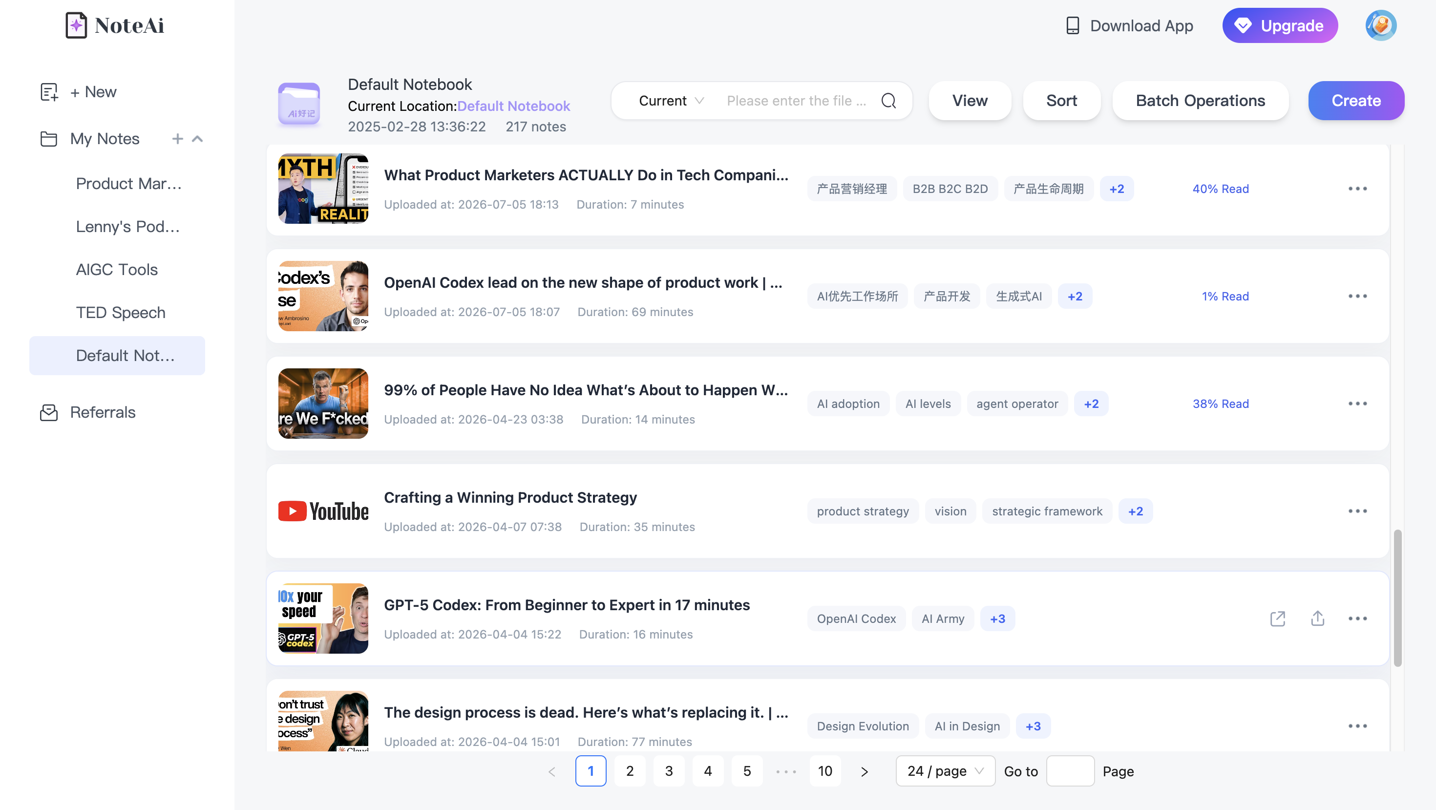 NoteAi knowledge base for organizing summarized videos and returning to them later