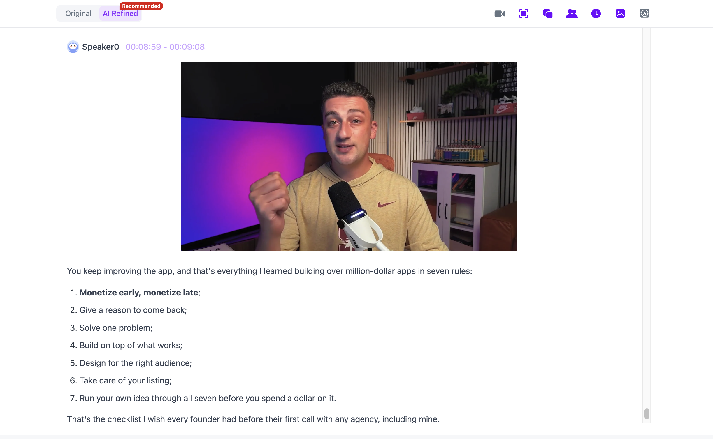 NoteAi original and AI-polished transcript workflow with timestamps and speaker-aware text