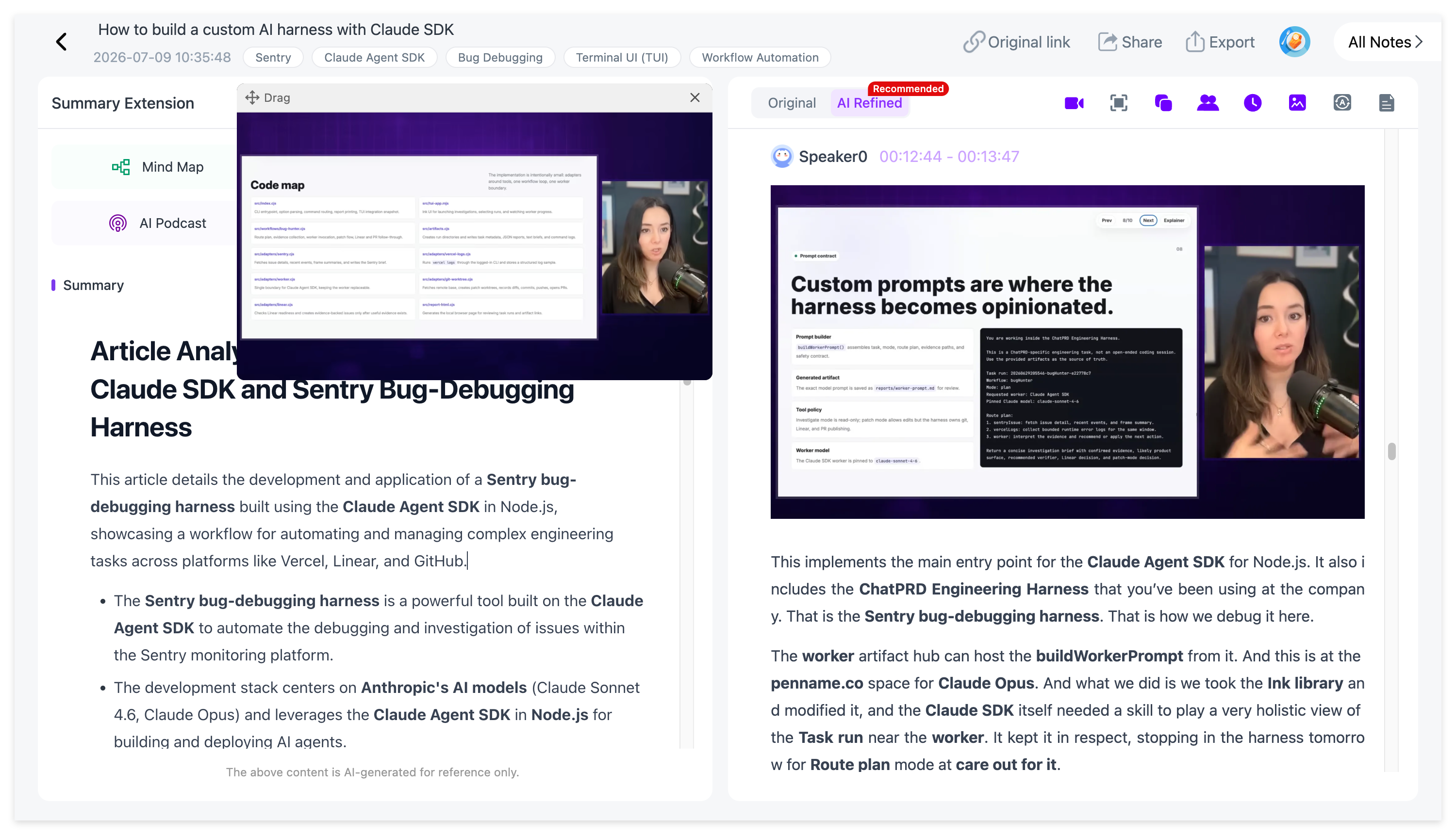 Visual YouTube notes with extracted frames, transcript and picture-in-picture playback