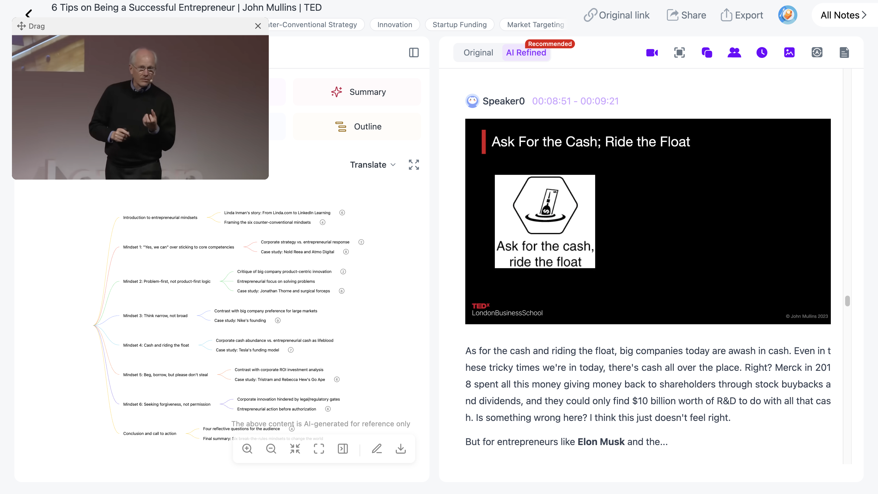 NoteAi searchable knowledge base for saving and reopening summarized YouTube videos