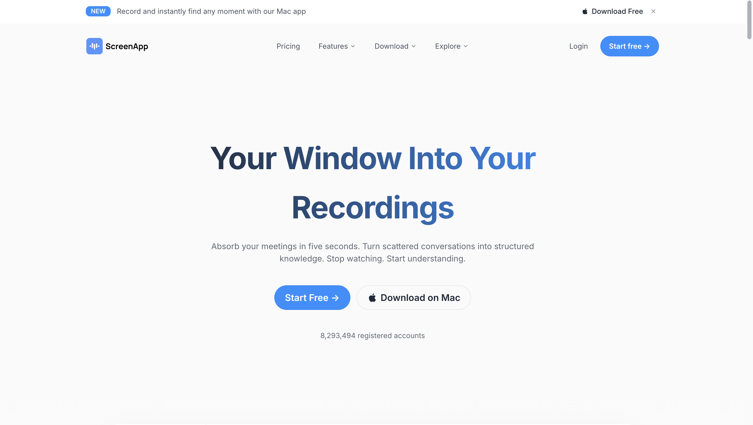 ScreenApp AI video summarizer with transcript, chapters, speaker labels and source-based questions