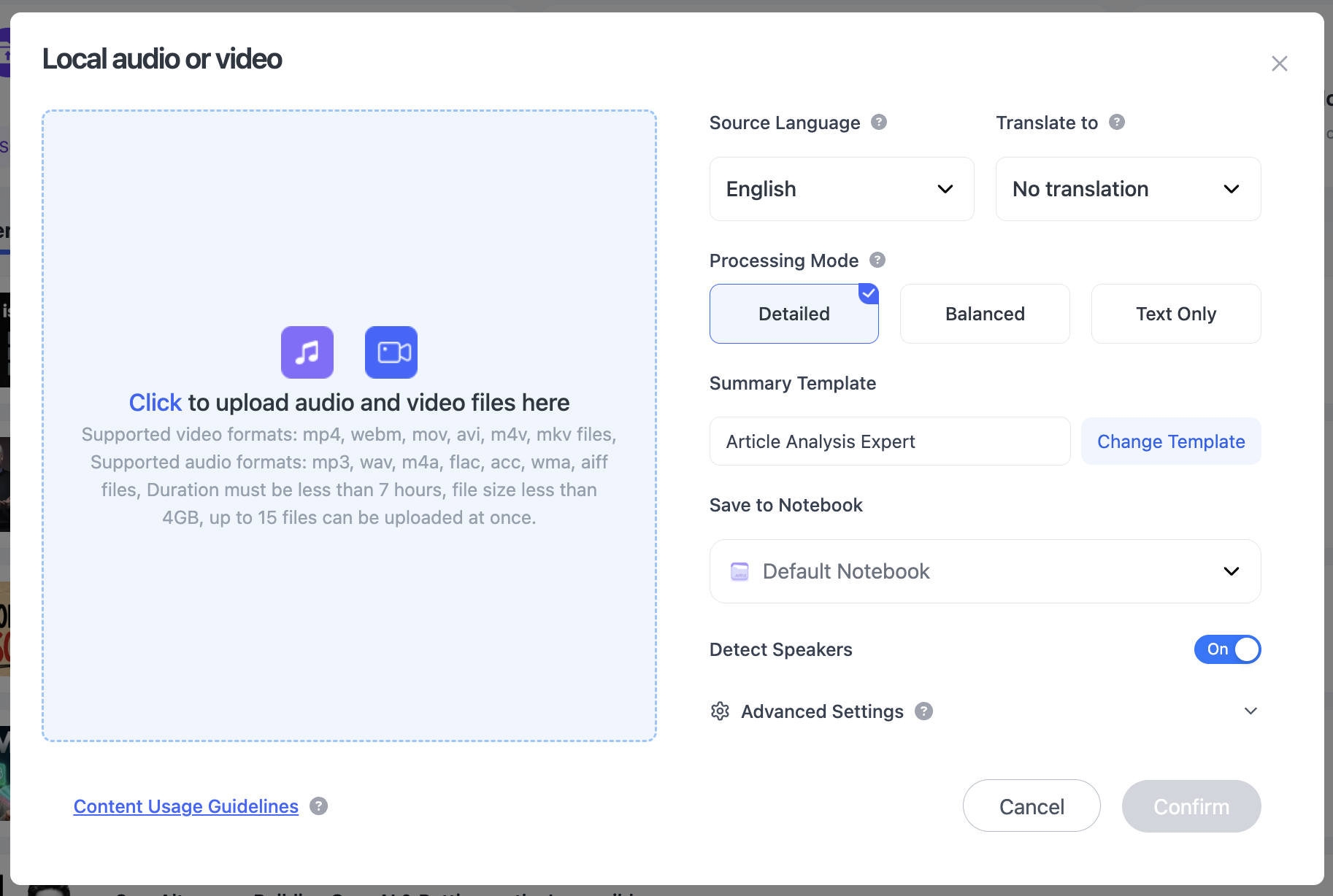 NoteAi batch upload workflow for processing multiple supported video links and local media files