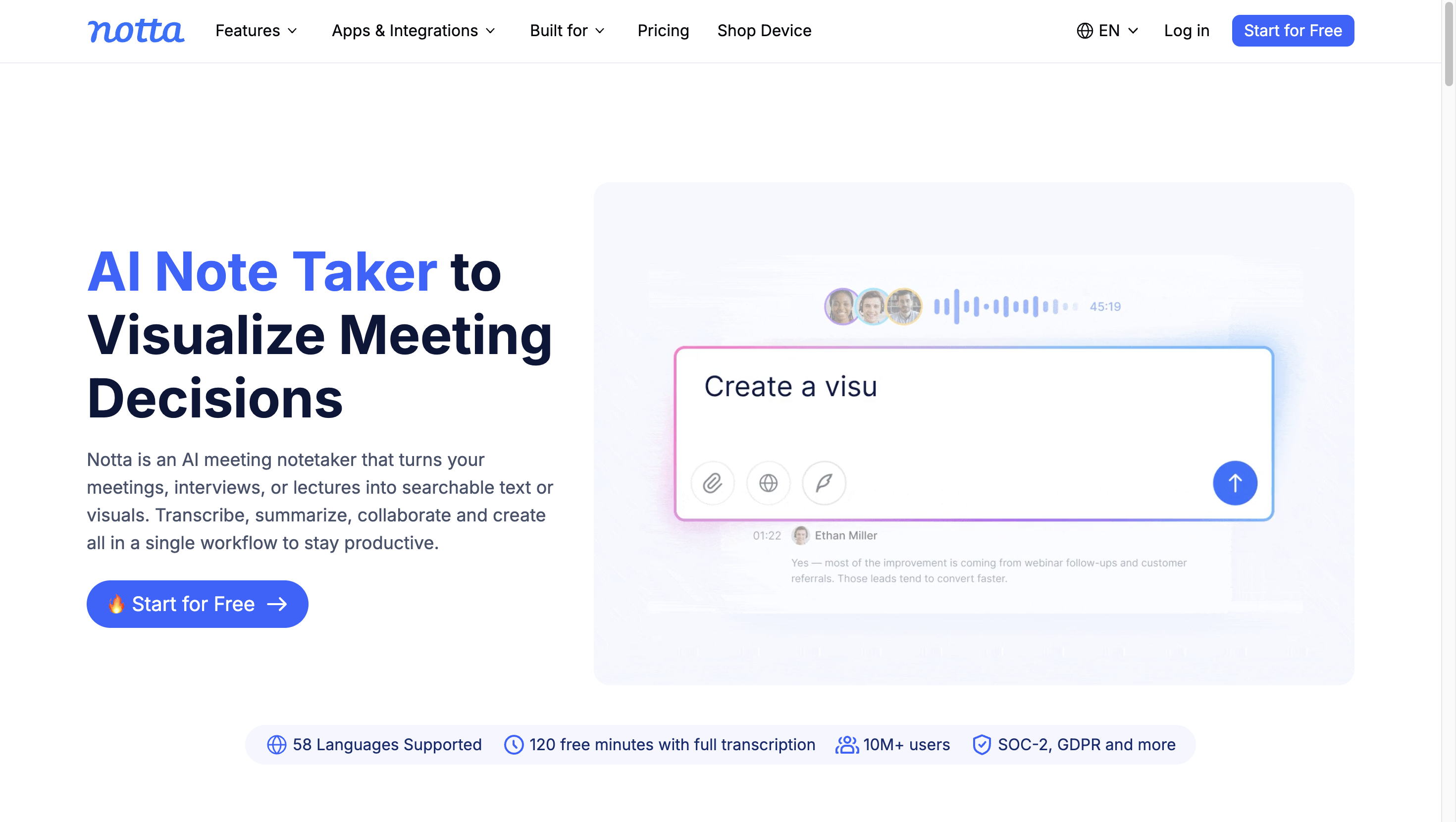 Notta AI transcription and video summary workspace for meetings, interviews and uploaded videos