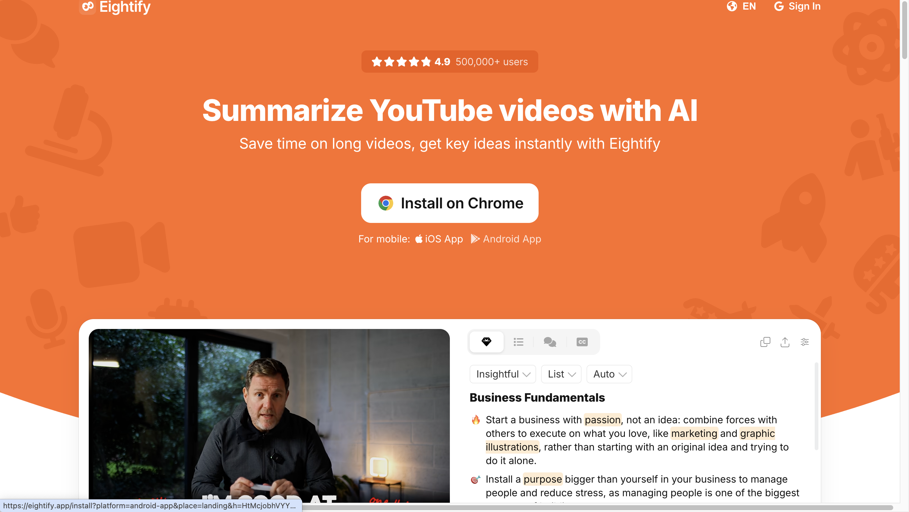 Eightify YouTube summarizer with AI key insights and timestamped navigation