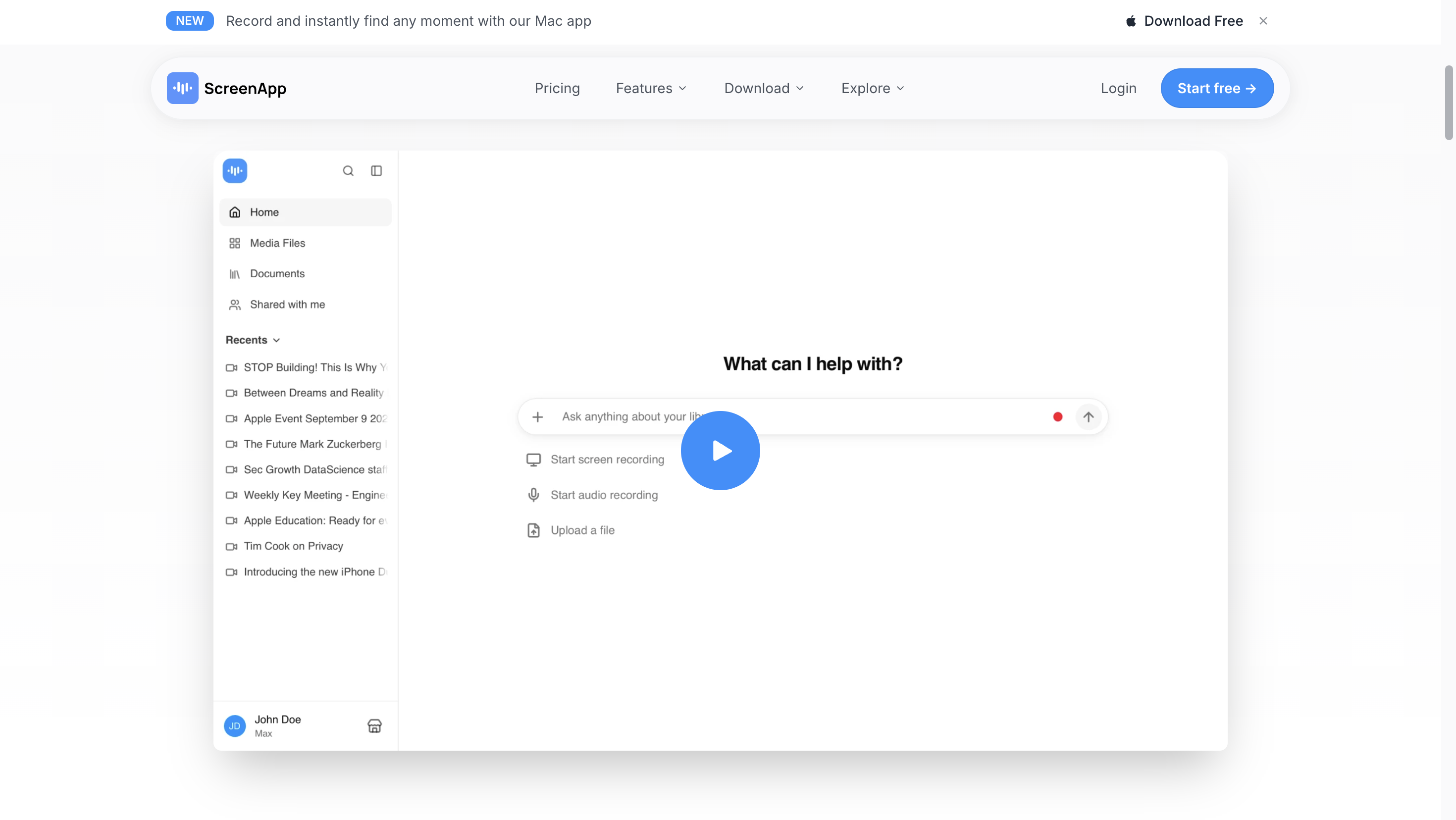 ScreenApp YouTube summarizer with chapters, transcript, quotes and AI chat