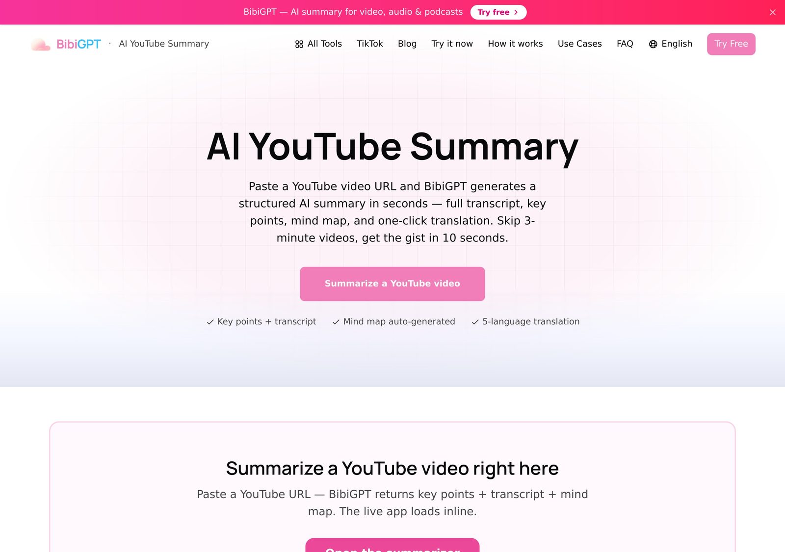 BibiGPT YouTube summarizer interface with structured key points, mind map and follow-up questions