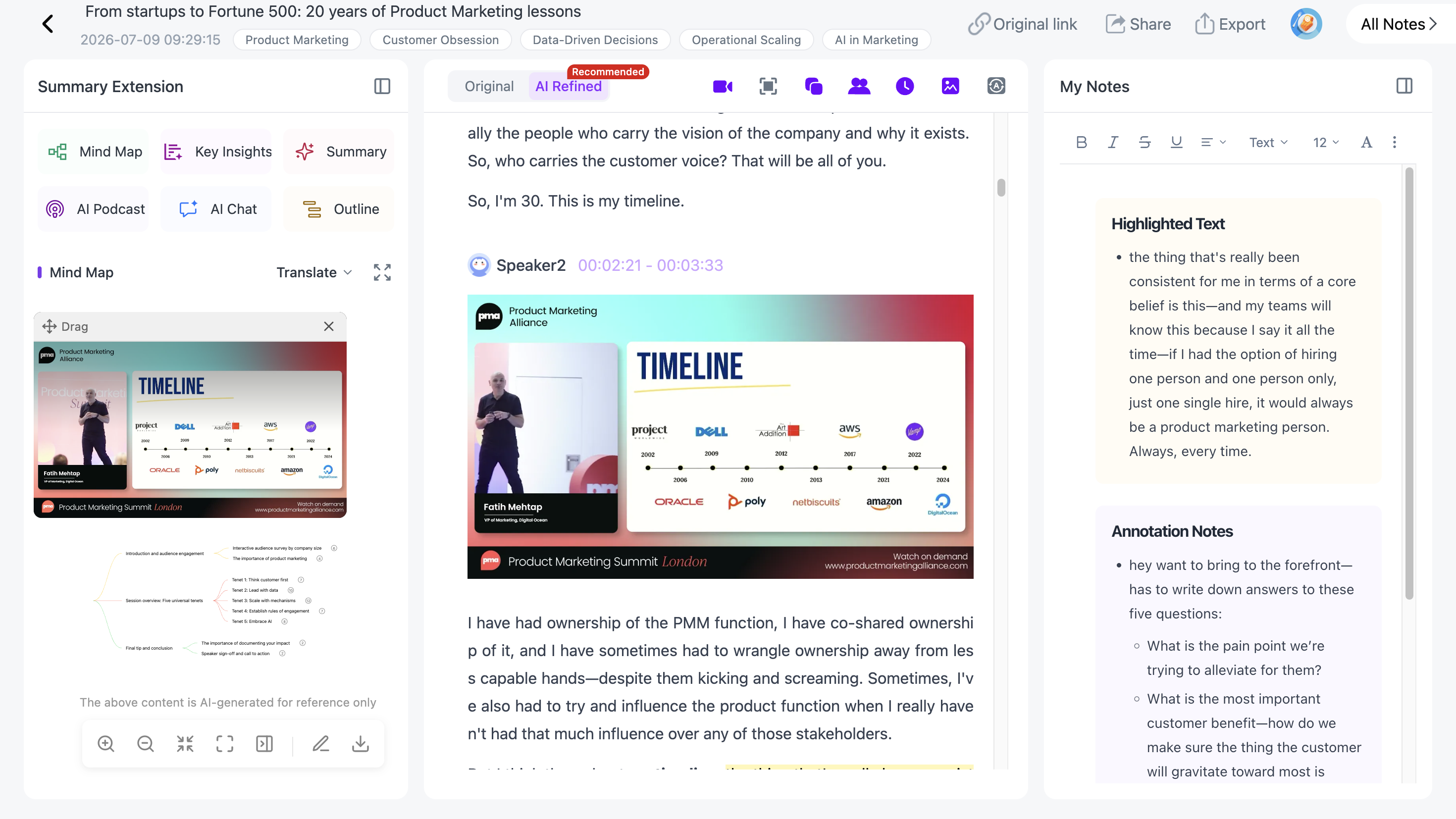 NoteAi Visual Notes with extracted slides and key video frames beside the related explanation