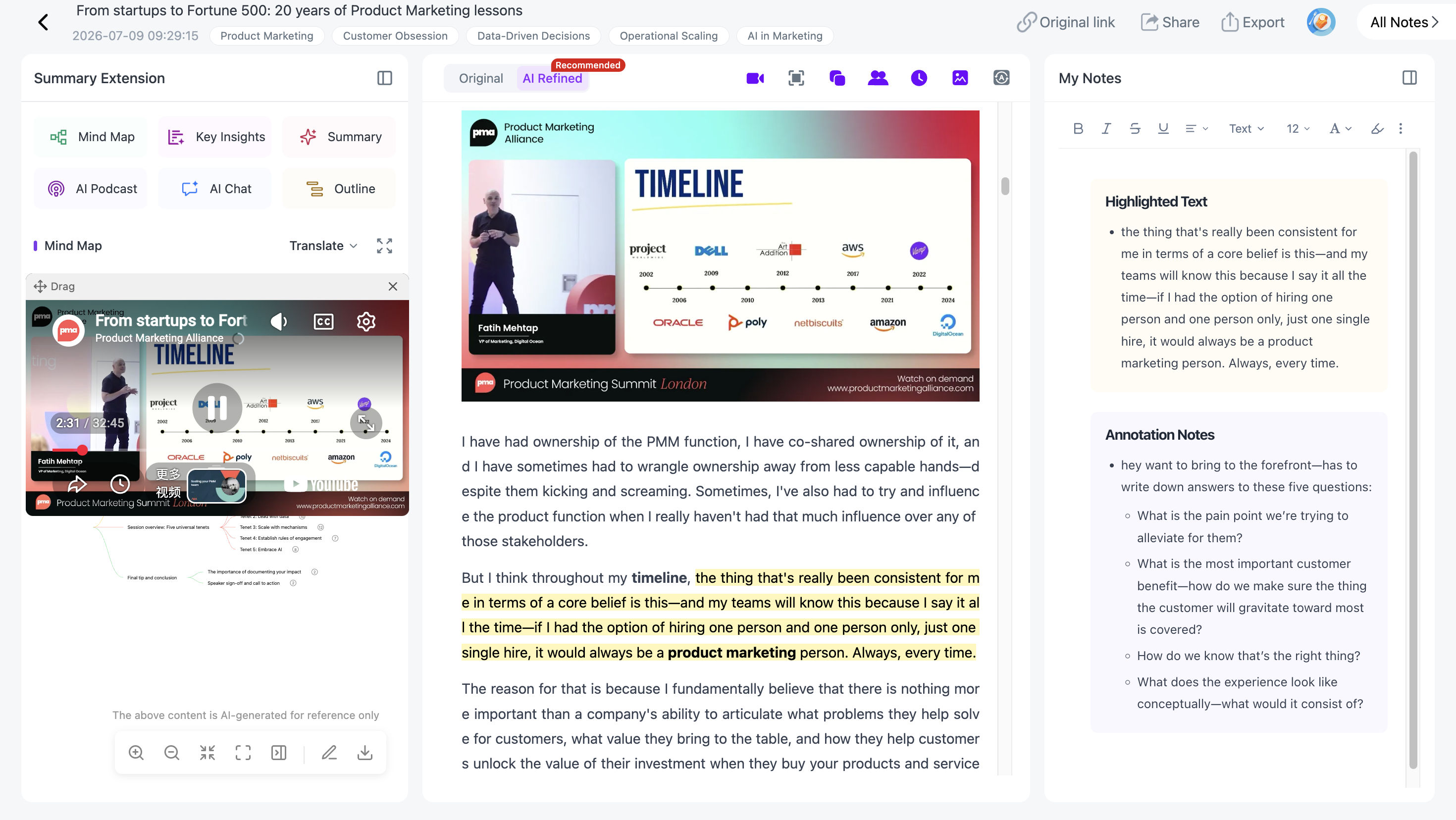 NoteAi Visual Notes with extracted PPT slides, diagrams, code and key video frames beside related text