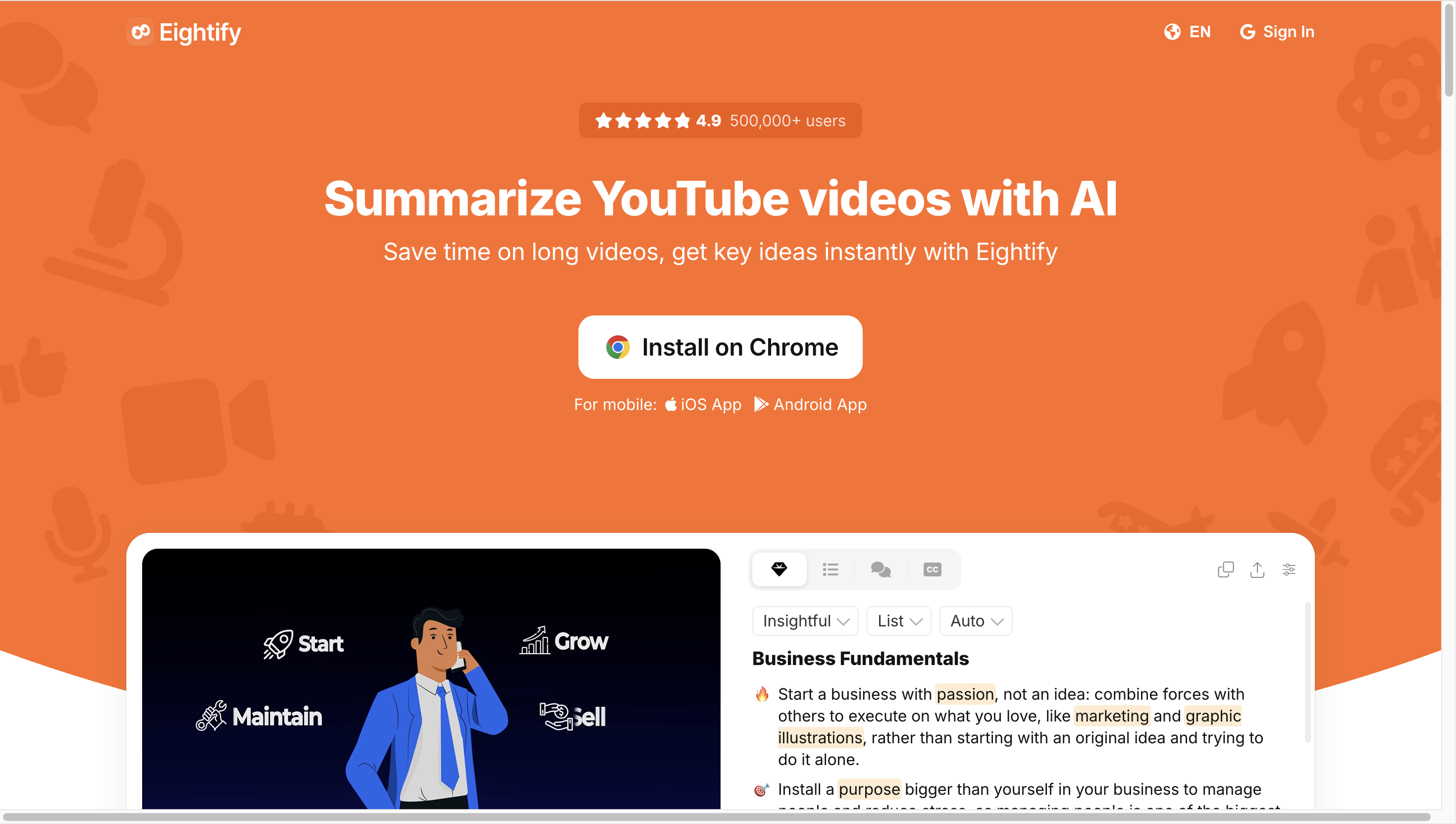 Eightify AI YouTube summarizer showing key insights and timestamped navigation for long videos
