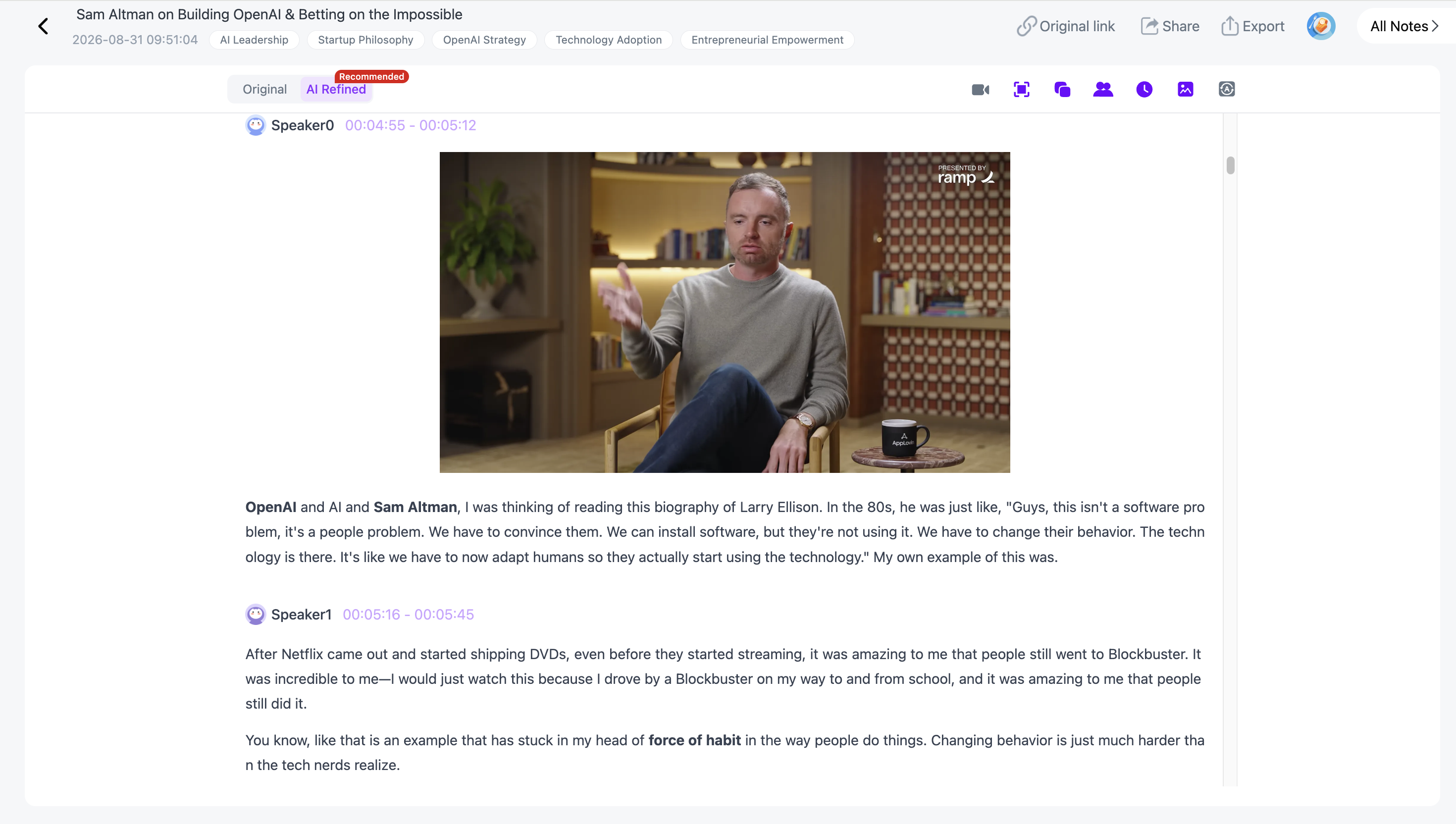 NoteAi timestamped transcript with speaker recognition and an AI-polished reading version