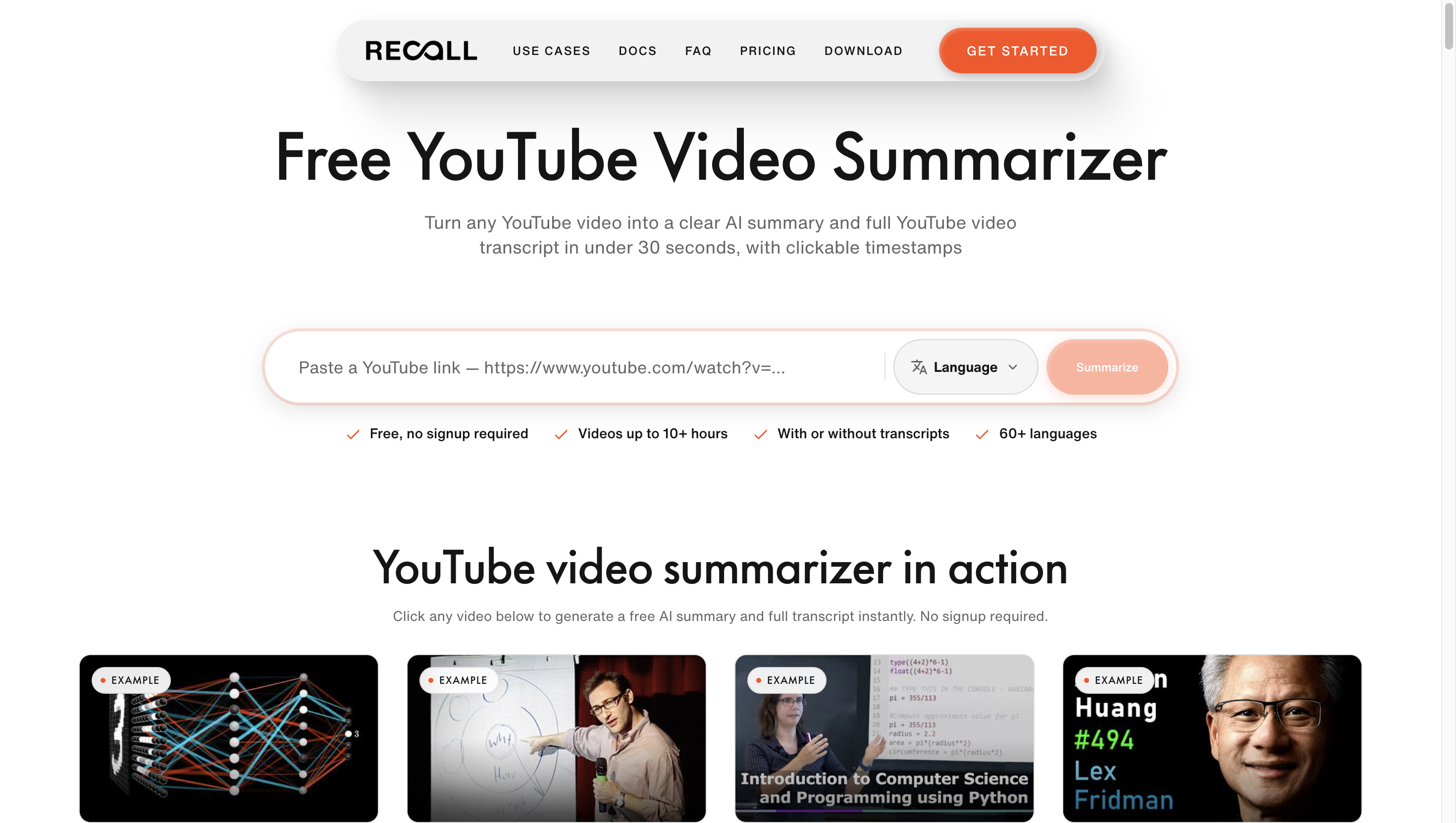 Recall YouTube summarizer interface for long videos with timestamped summaries and searchable saved content