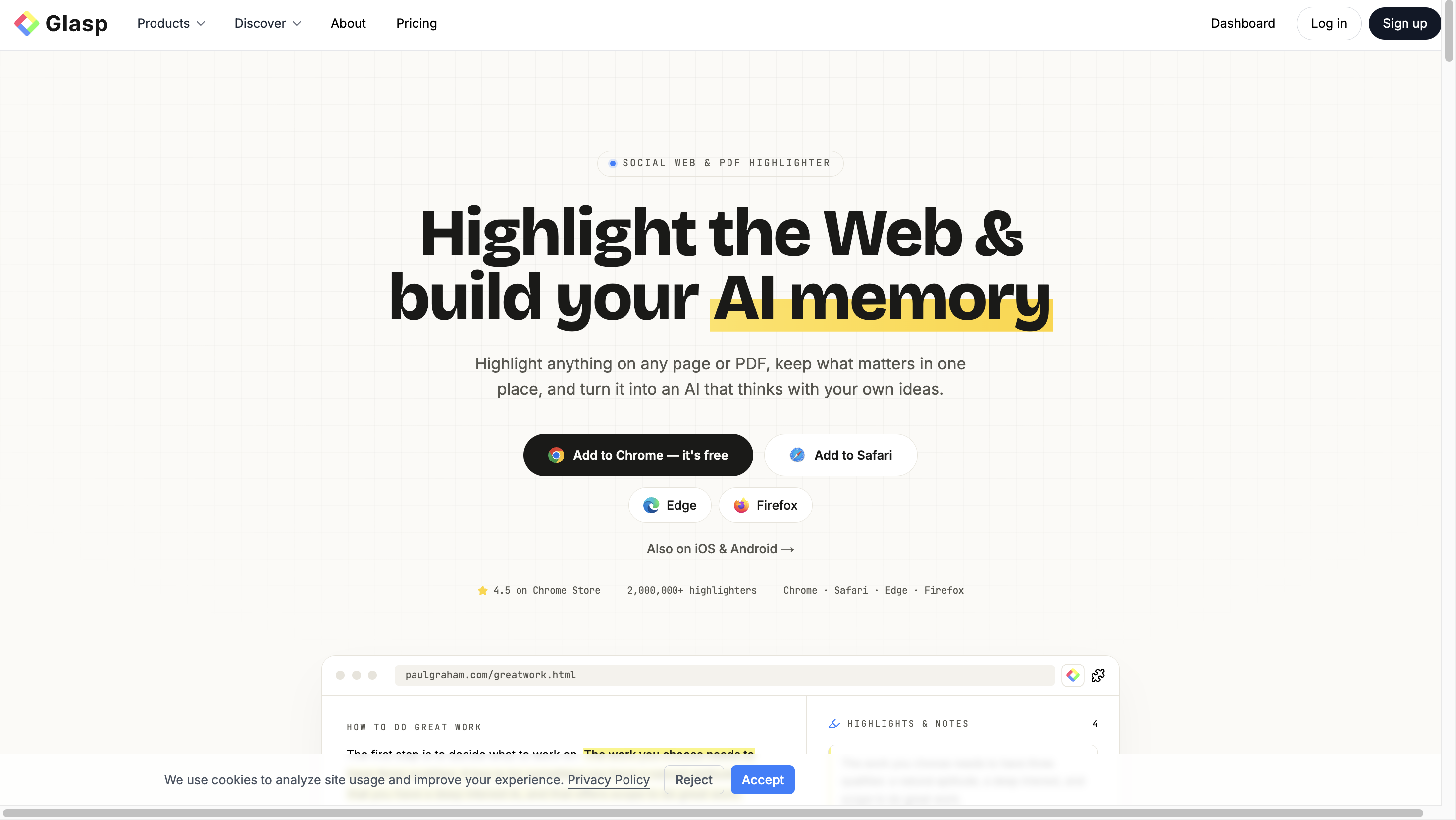 Glasp YouTube Summary interface with transcript, timestamps and highlight tools