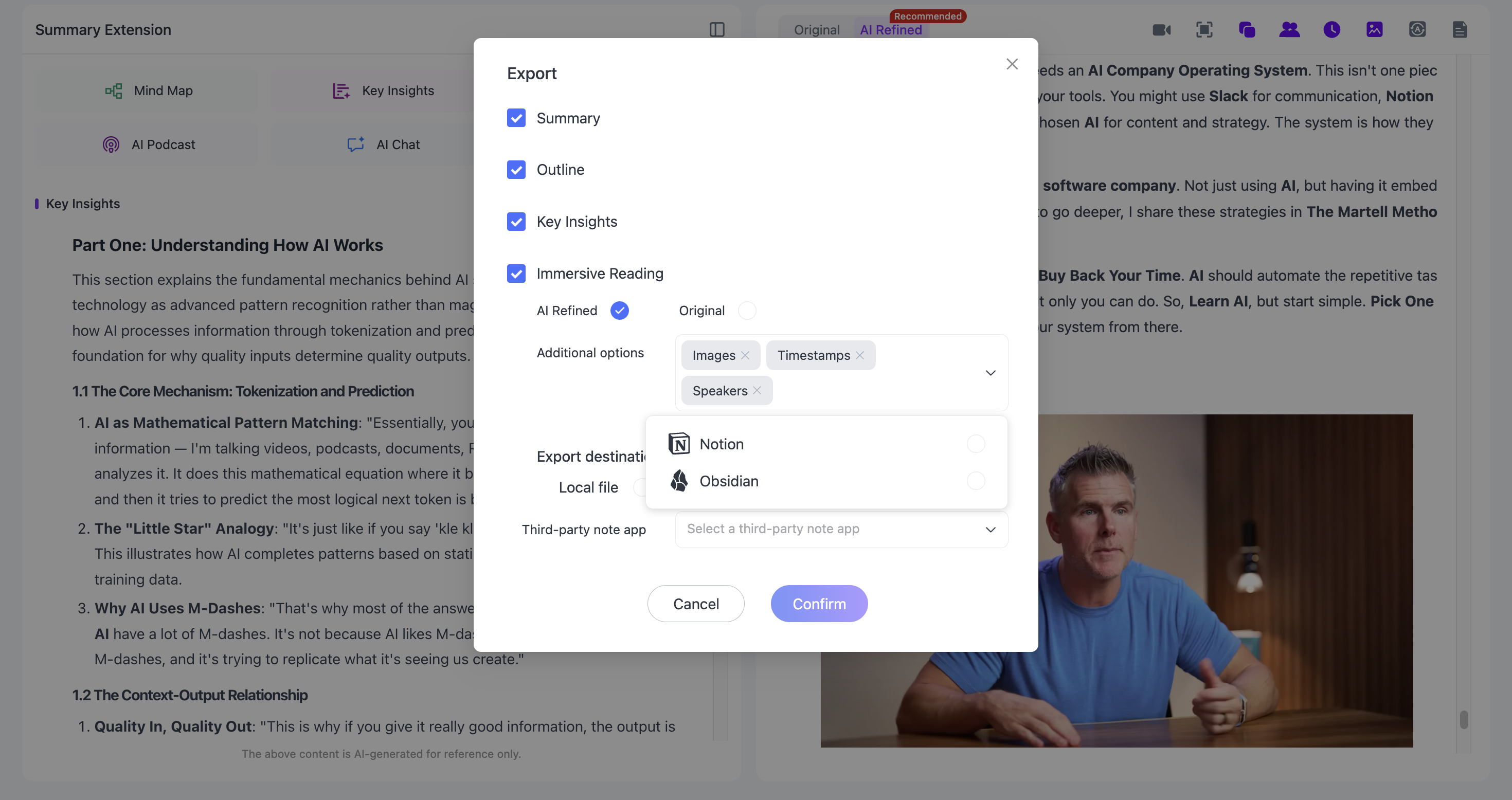 NoteAi export page for sending video notes to Notion, Obsidian, Markdown, PDF and other formats