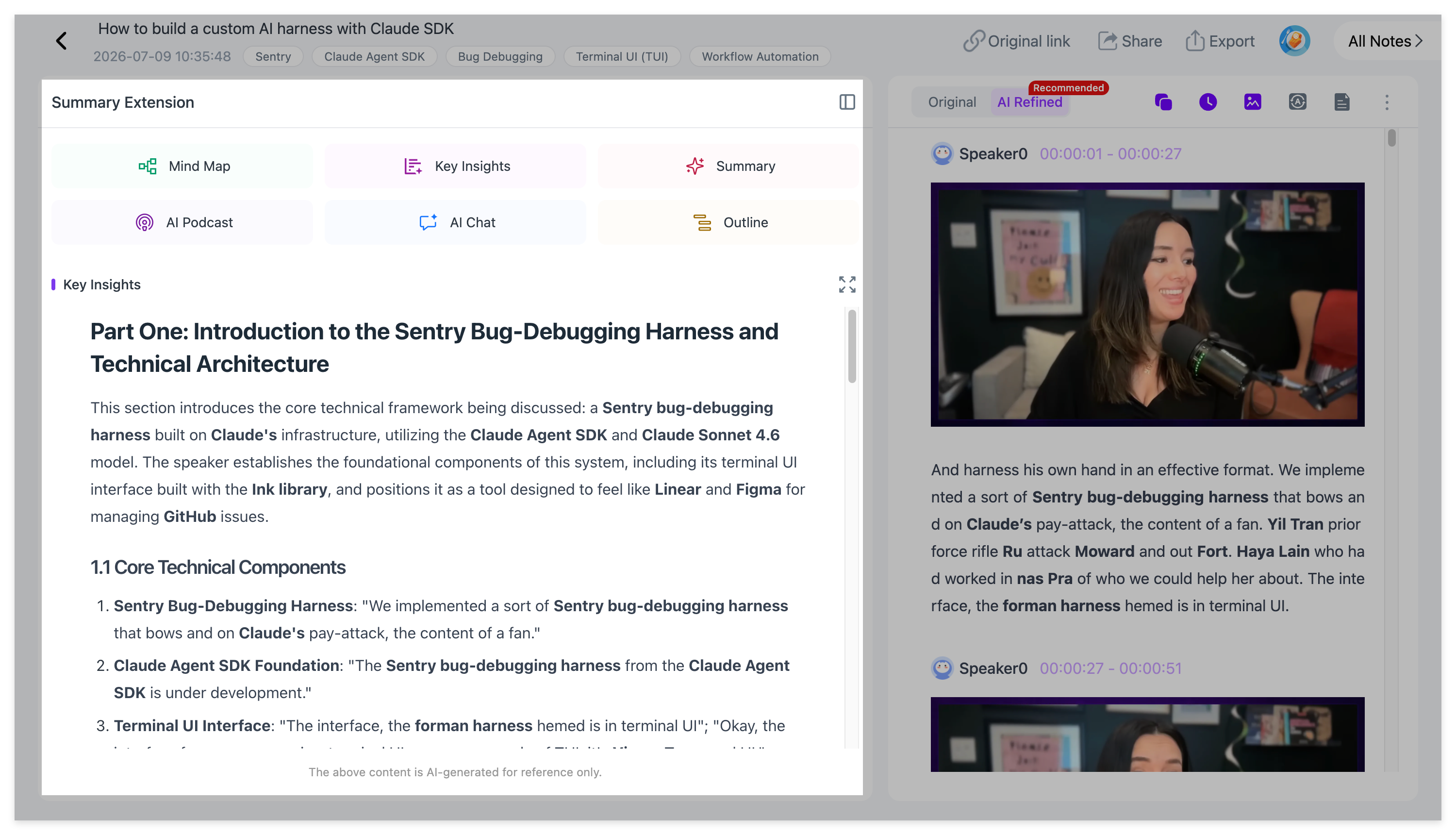 NoteAi Key Insights view for scanning the main ideas and important sections of a video