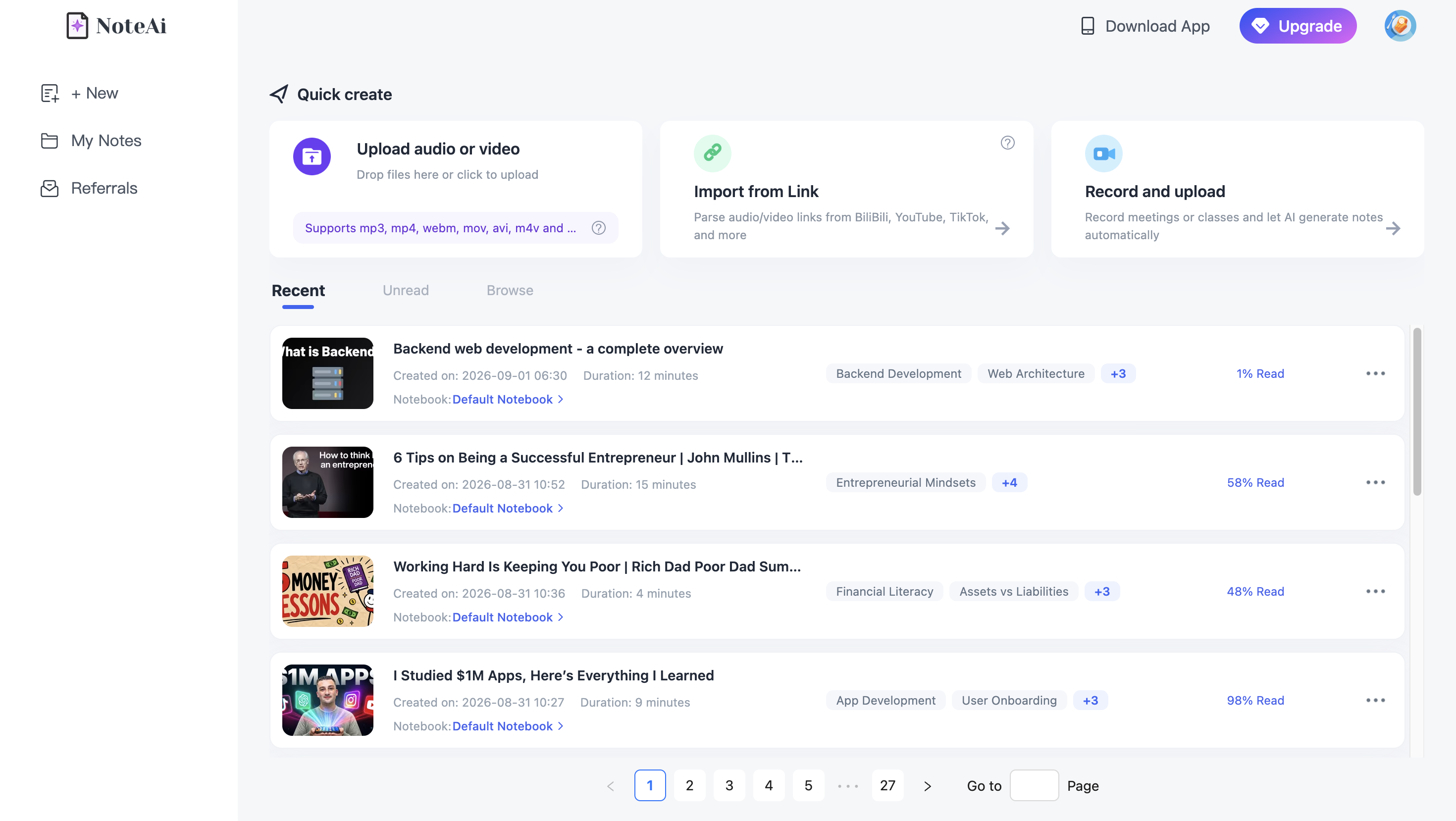 NoteAi import screen for converting YouTube links, local video, audio and recorded content into text