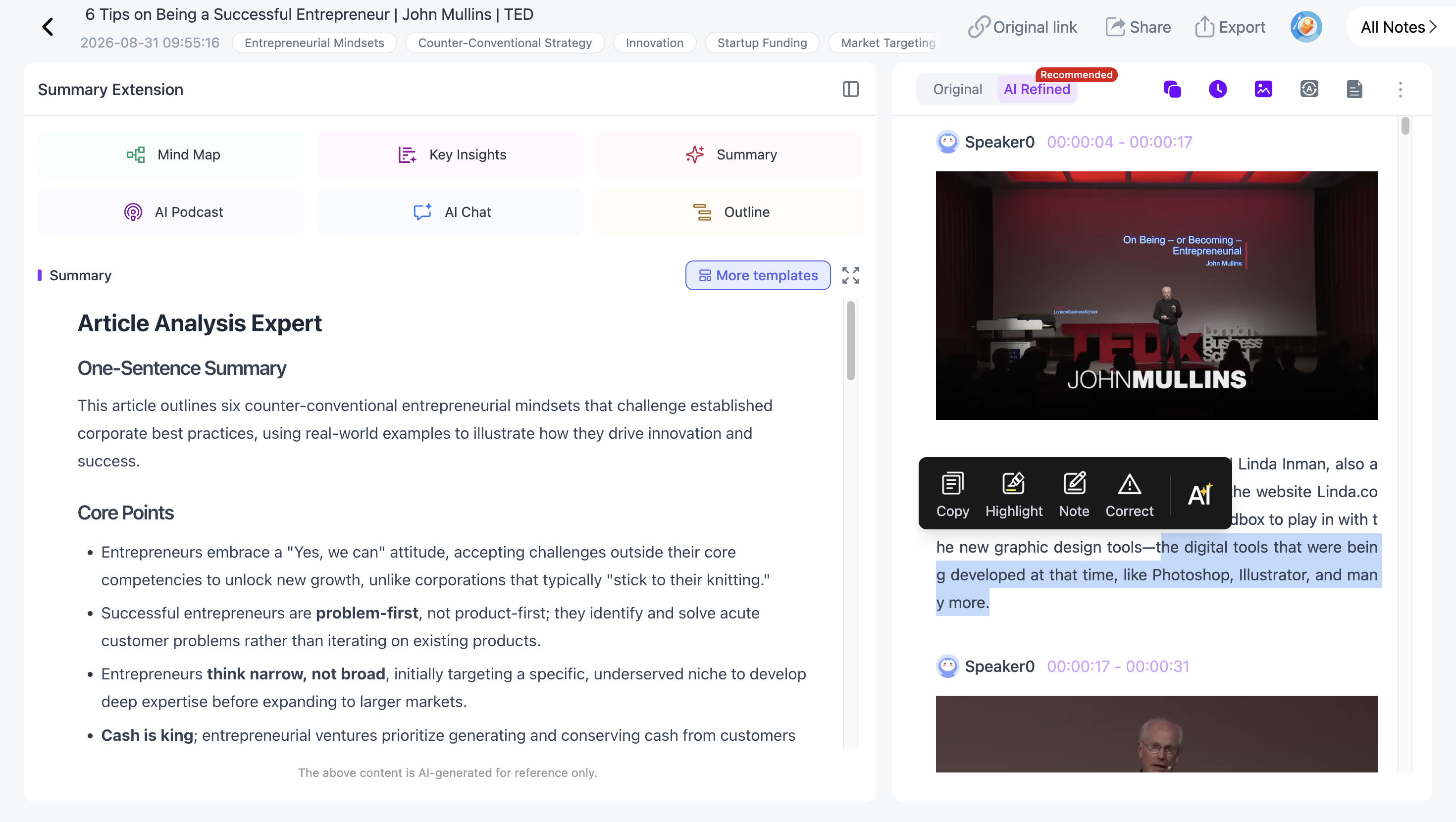 NoteAi video-to-text workflow with transcript, summaries, Visual Notes, translation, Mind Maps and AI Chat