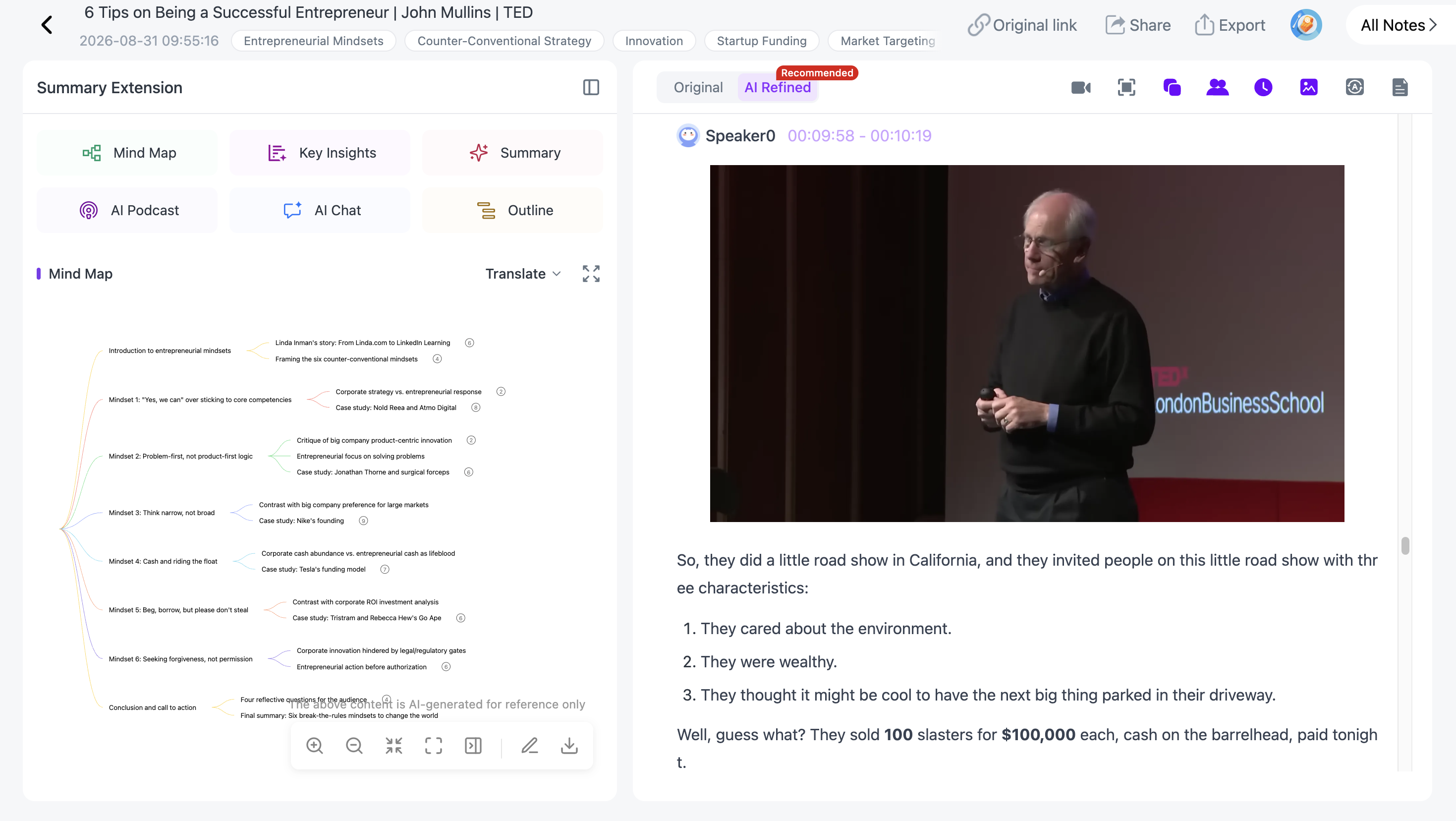 NoteAi timestamped video transcript with speaker labels and source-linked text