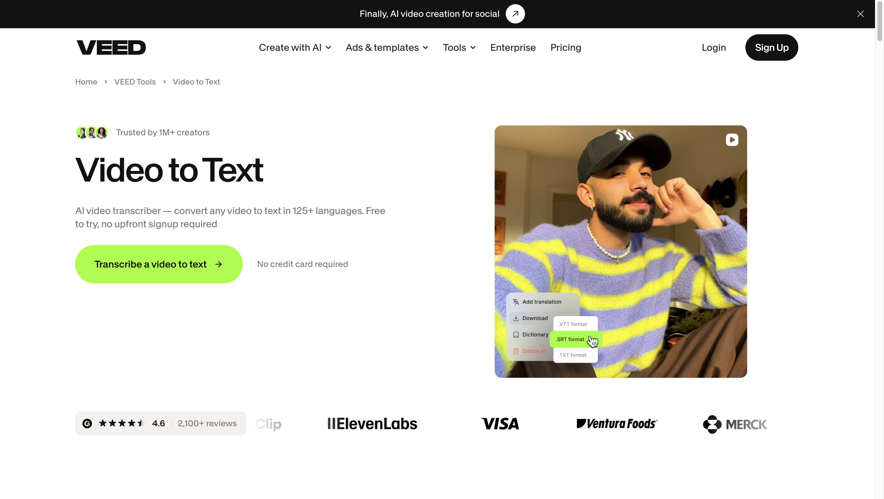 VEED video-to-text editor with transcription, captions and subtitle tools