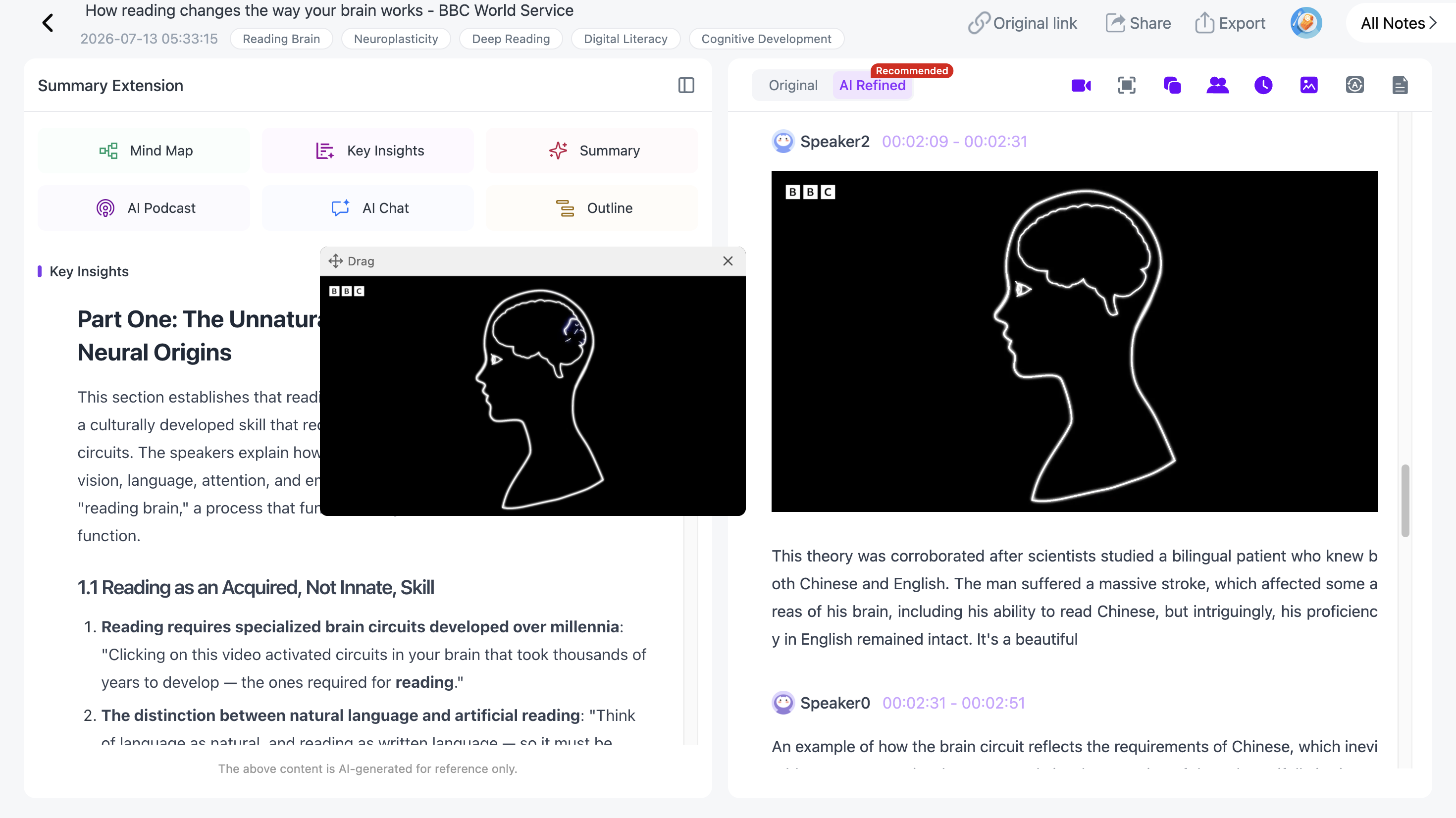 Turn a YouTube video into organized AI notes with transcripts, Visual Notes, mind maps, and AI Chat in NoteAi