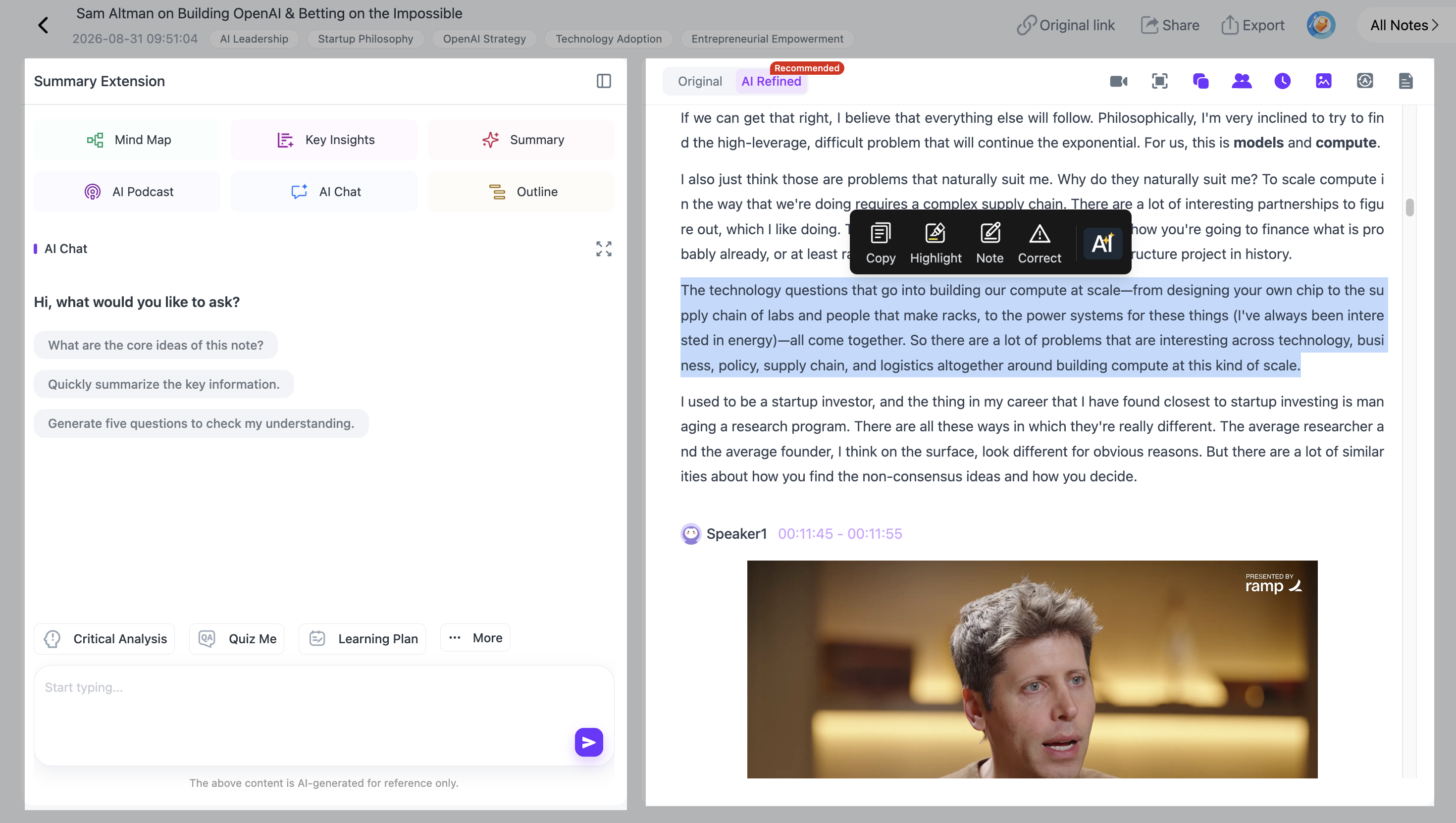 NoteAi AI Chat for freely asking questions, receiving answers, and continuing follow-up conversations about an imported source