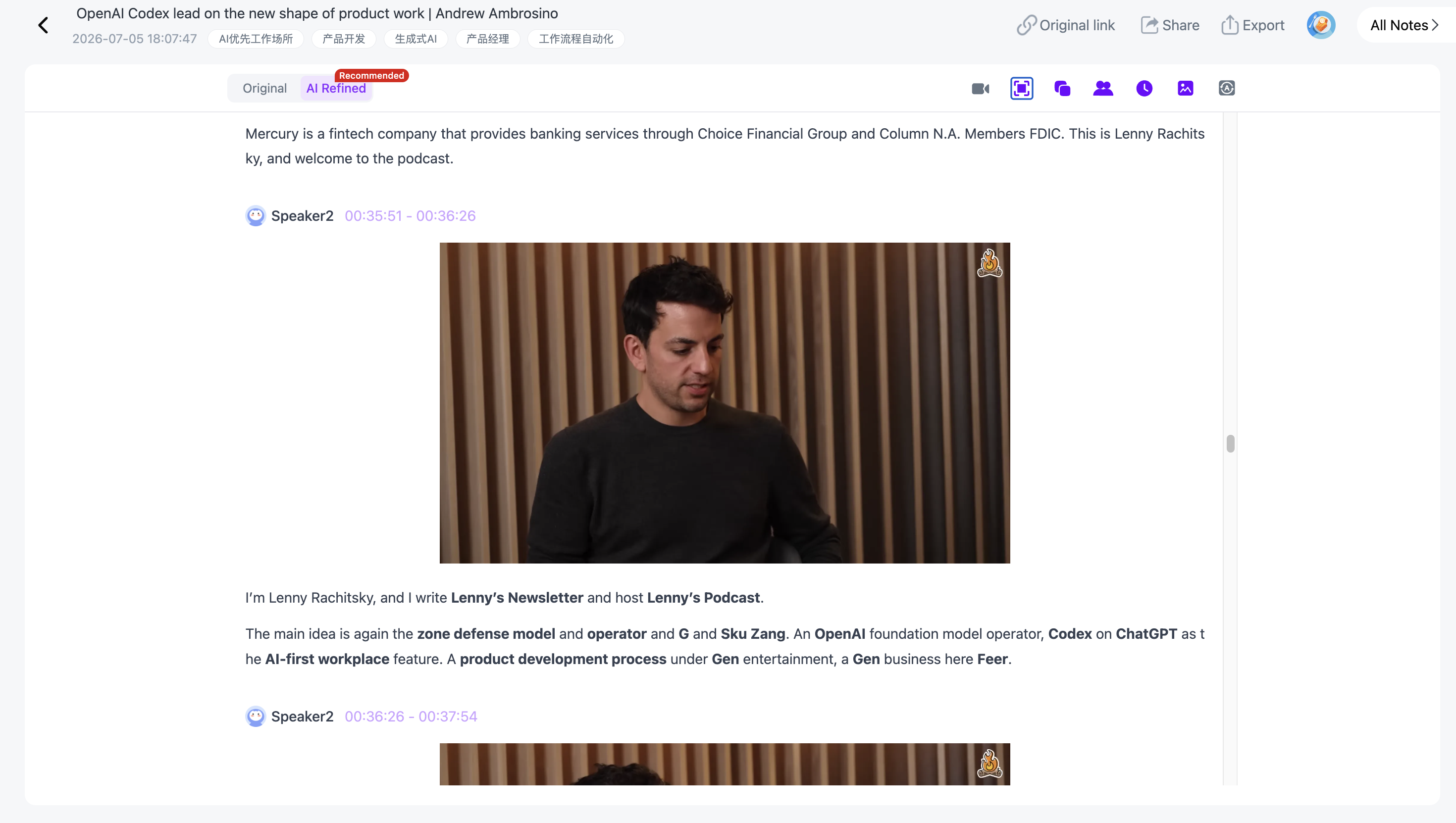 Using NoteAi to turn podcast audio into a searchable transcript and reusable notes