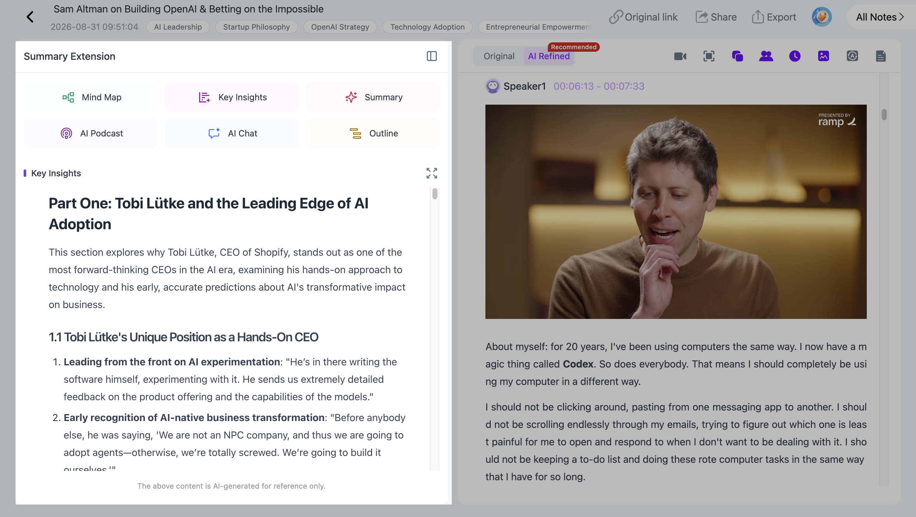 NoteAi Key Insights and Outline for identifying the main ideas and structure of a YouTube video