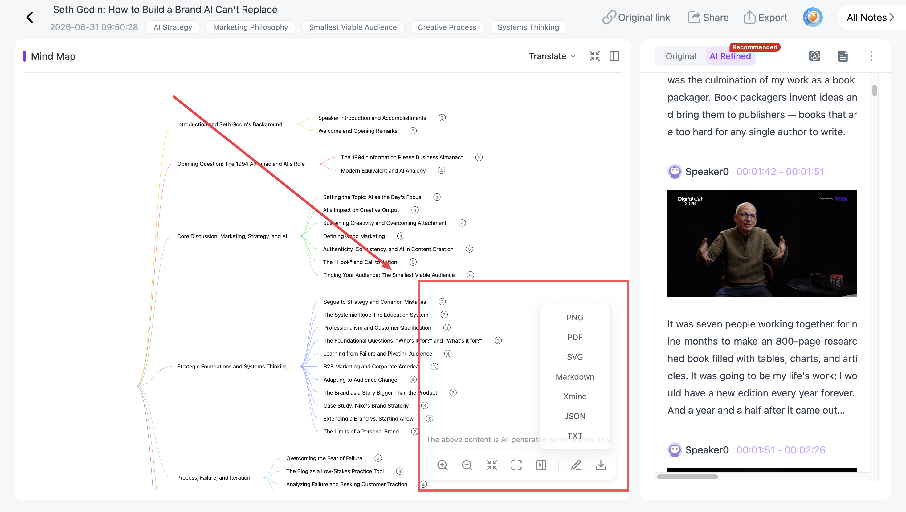 Clicking a NoteAi mind map node to jump back to the corresponding content in the original video
