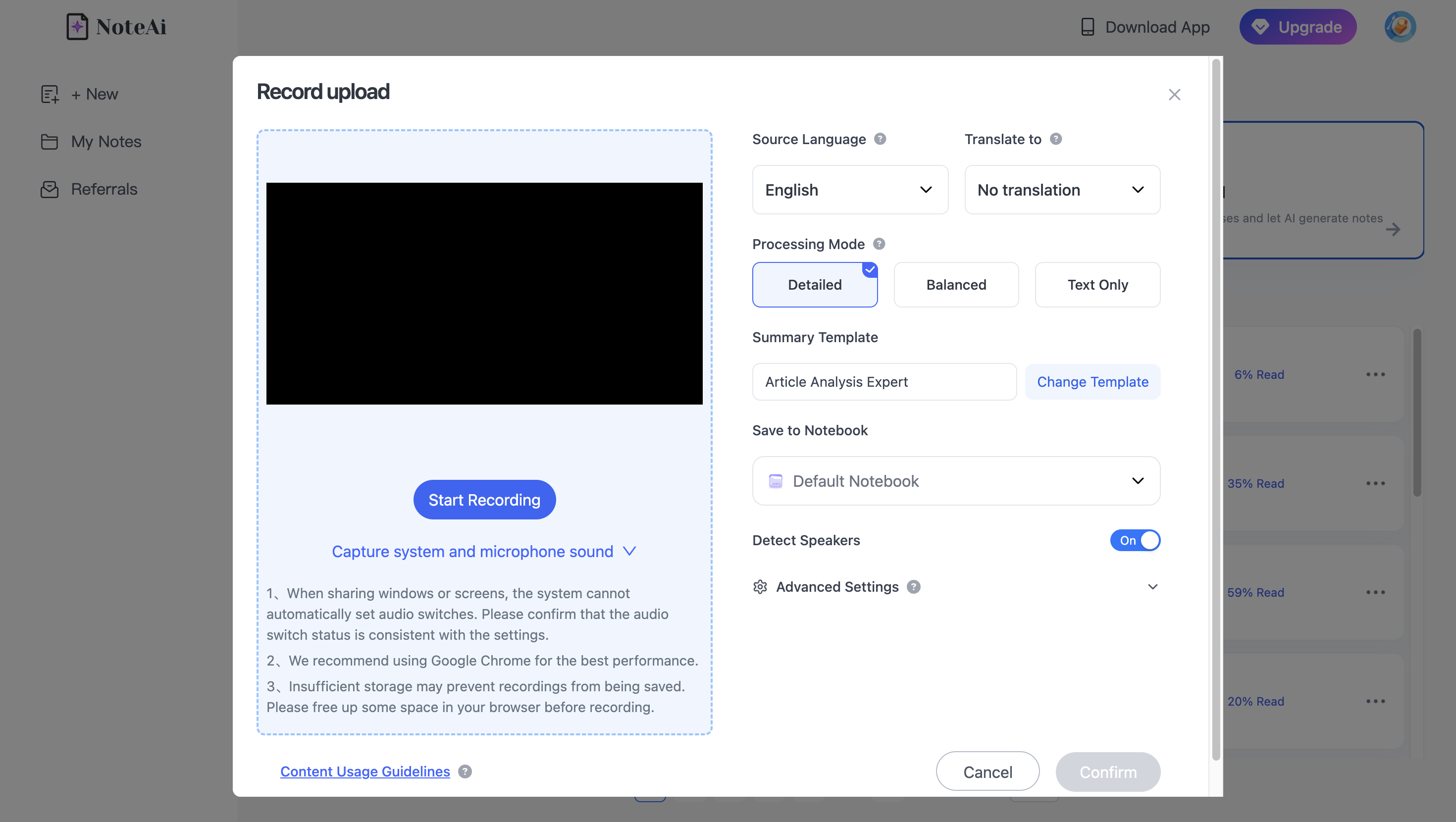 Turn an existing meeting recording into a searchable transcript and structured AI notes with NoteAi