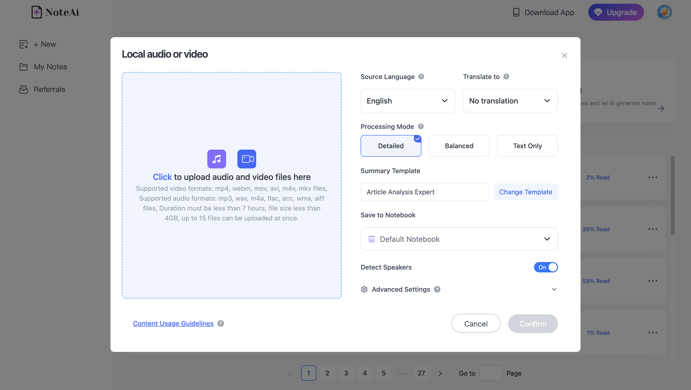 Batch processing multiple video and audio sources in NoteAi for research across several pieces of content