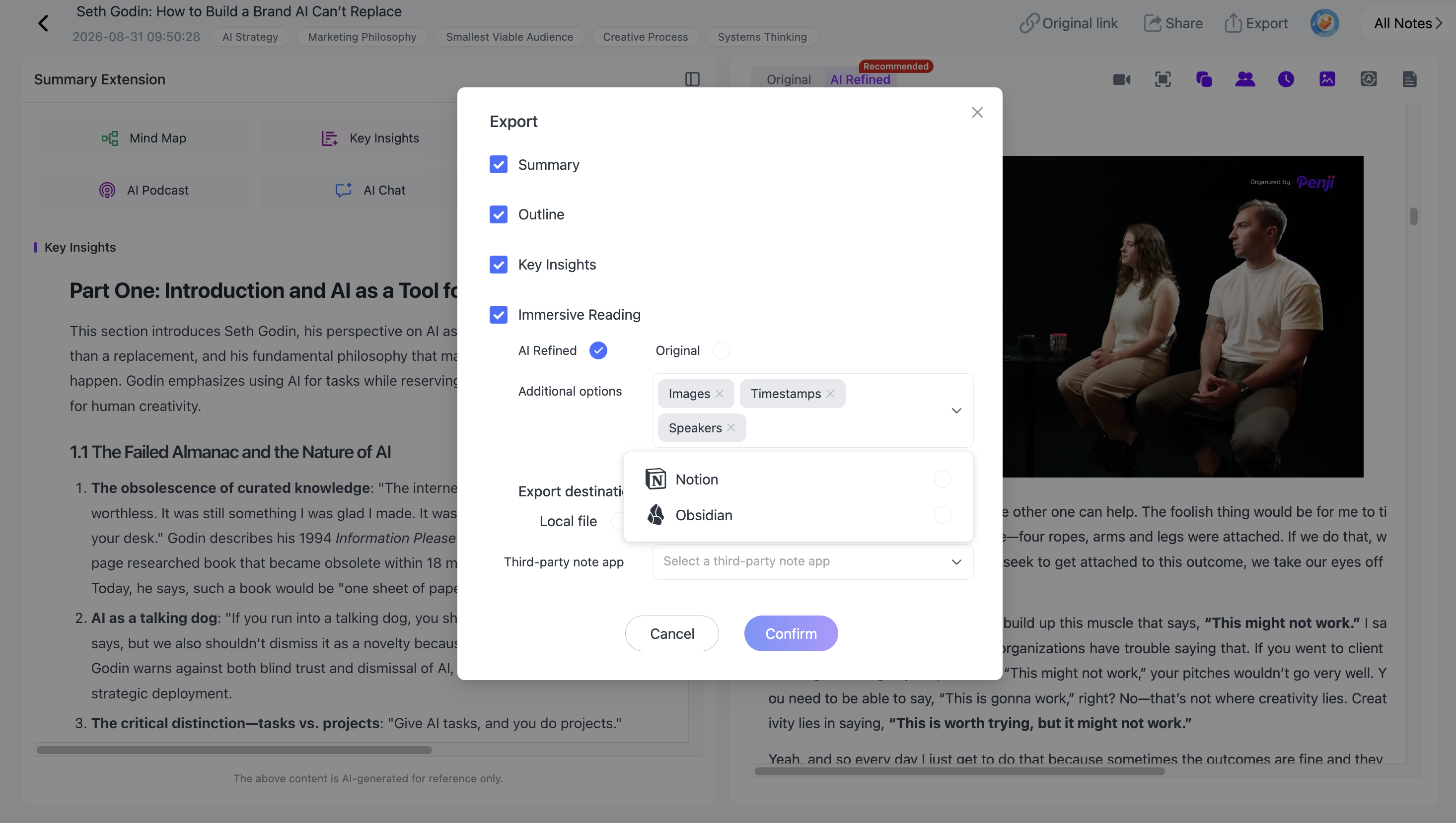 NoteAi to Obsidian workflow for moving processed video research into a long-term personal knowledge base