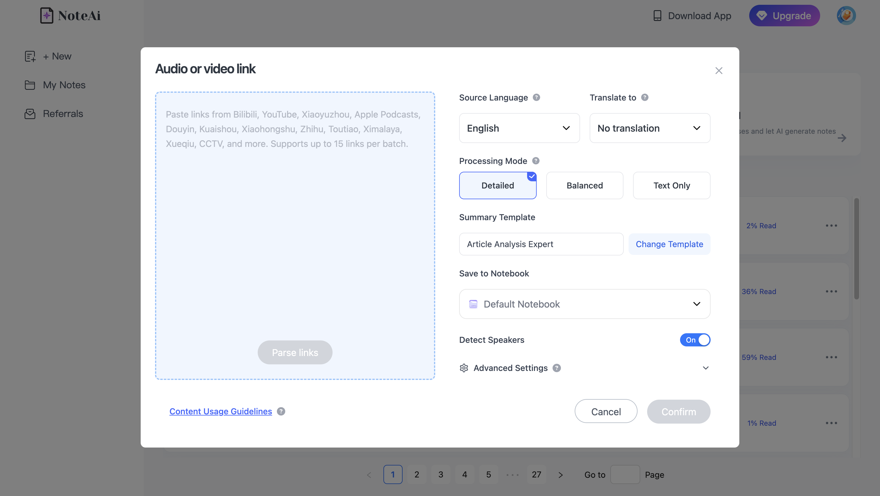 NoteAi AI video research workspace for turning videos and recordings into transcripts, notes, and structured research material
