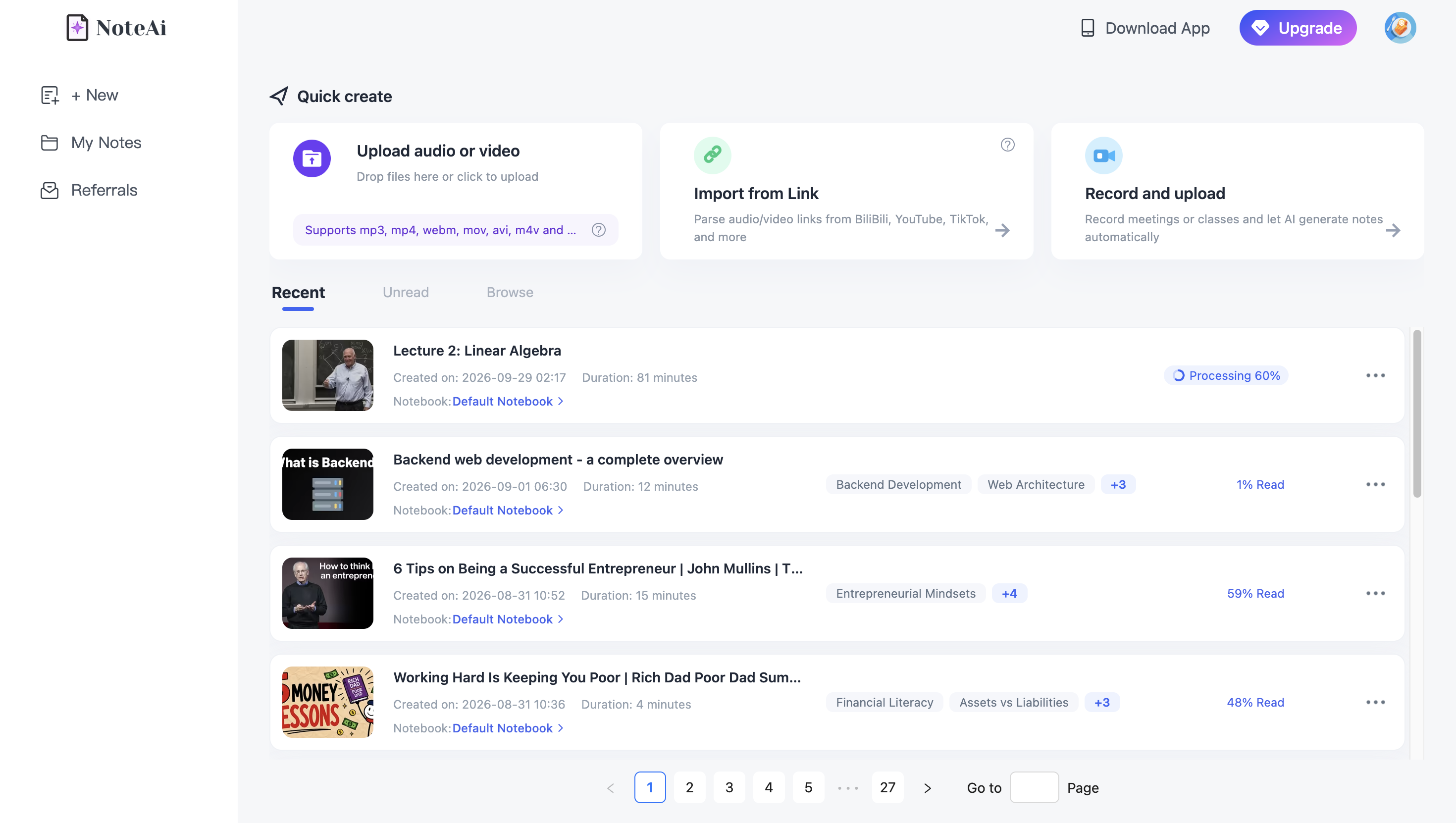 Adding a YouTube video to NoteAi before generating a transcript, notes, and mind map