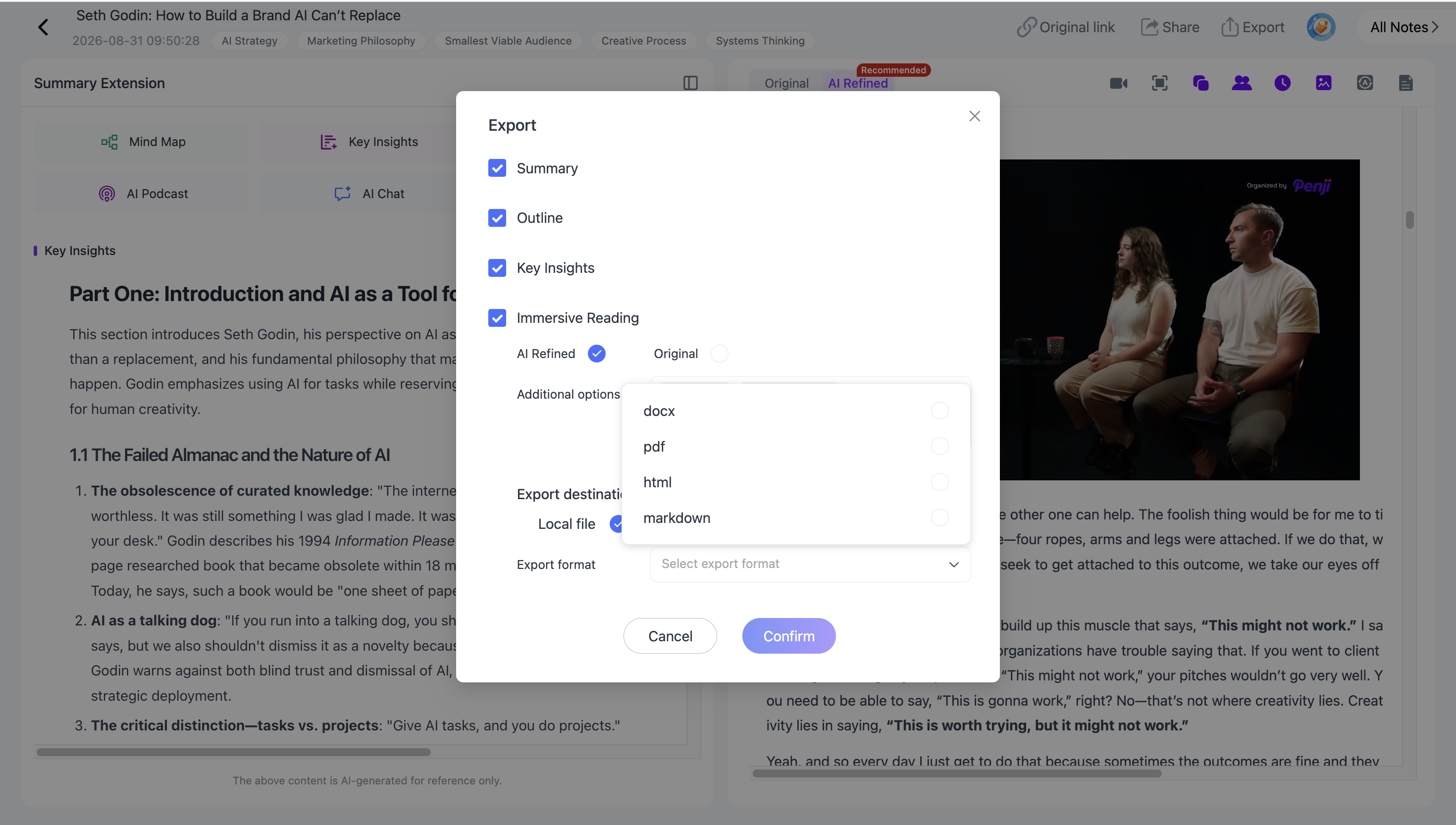 Exporting NoteAi video and audio research to Word, PDF, Markdown, XMind, HTML, Notion, and Obsidian