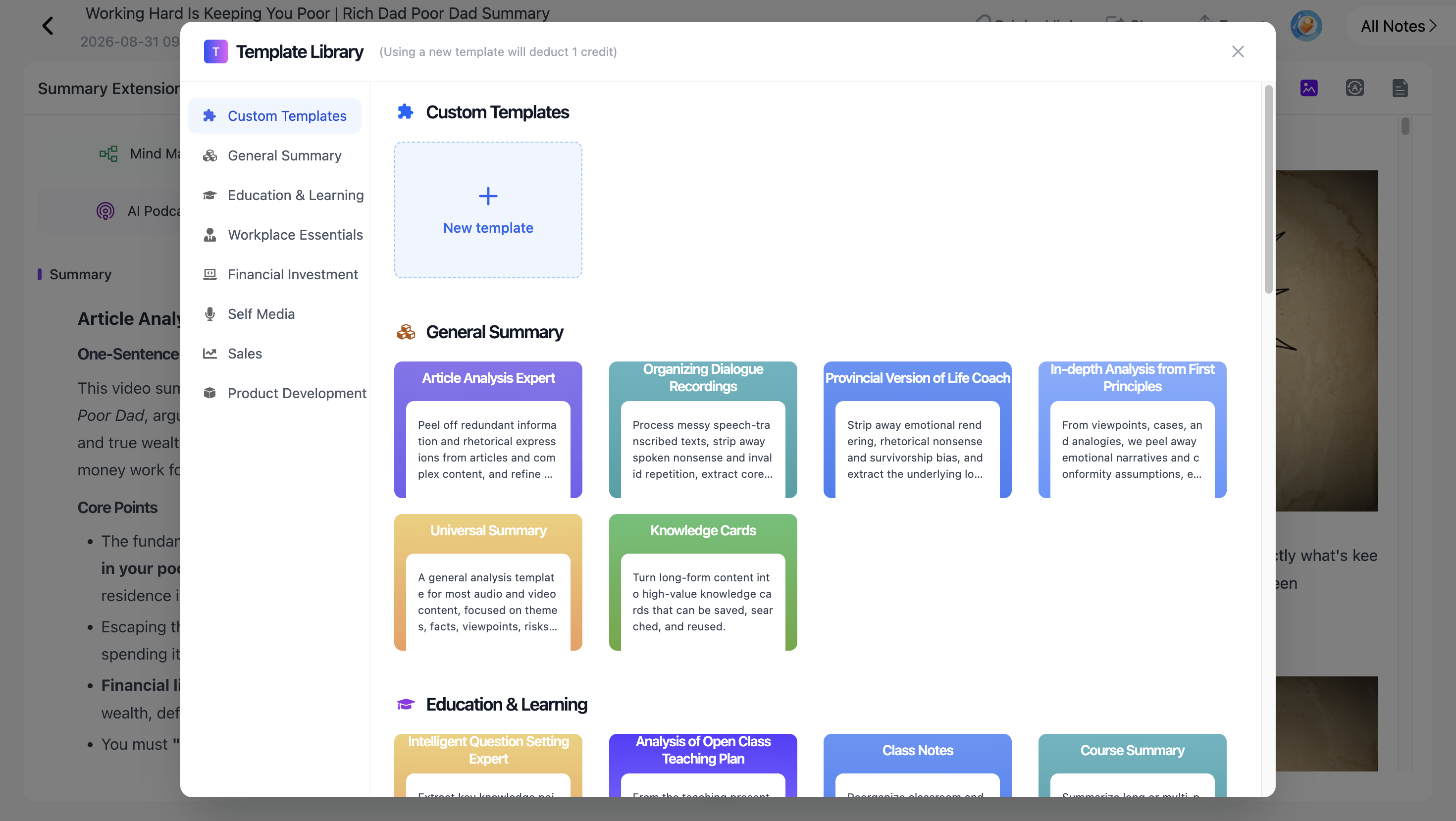 NoteAi Summary Templates and Custom Prompts for organizing a YouTube video before creating a mind map
