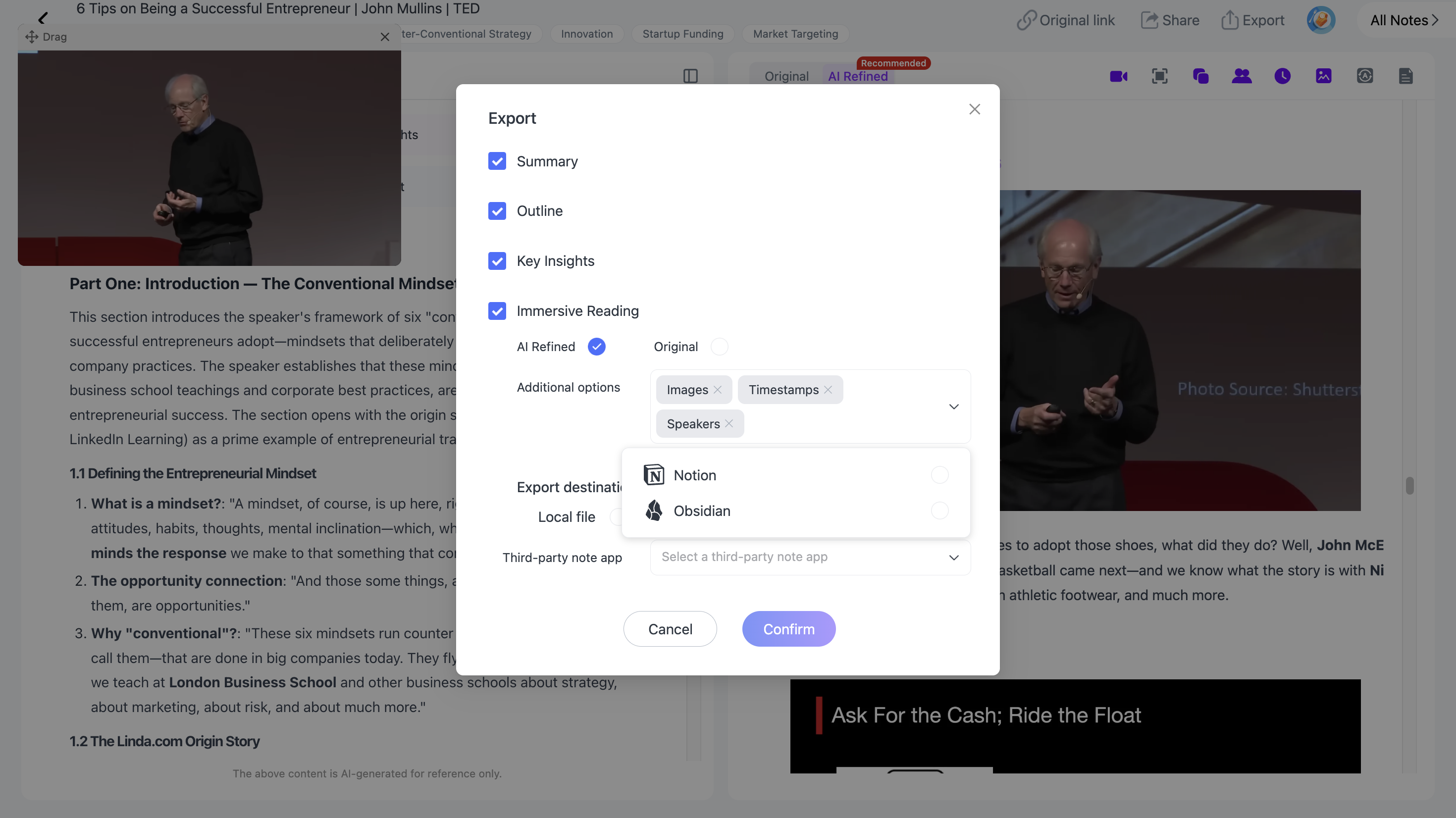 Exporting an audio transcript from NoteAi to Word, PDF, Markdown, and HTML