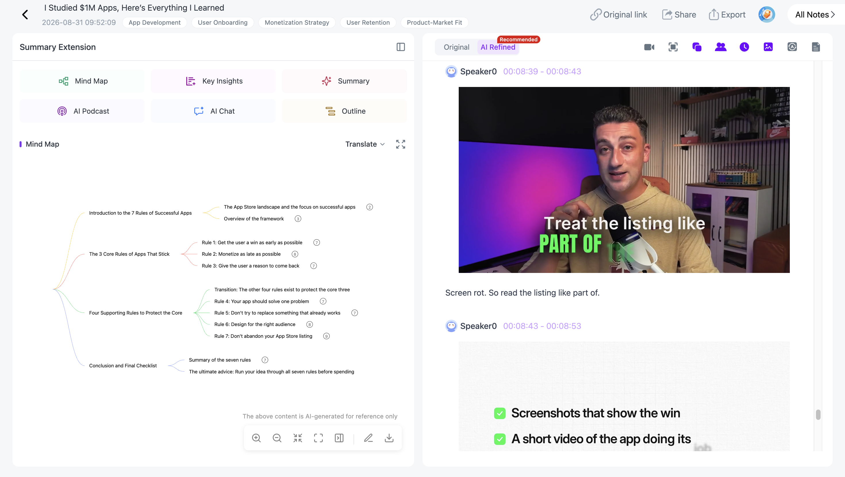 NoteAi workflow for turning a YouTube video into an editable source-connected mind map and exporting it to XMind