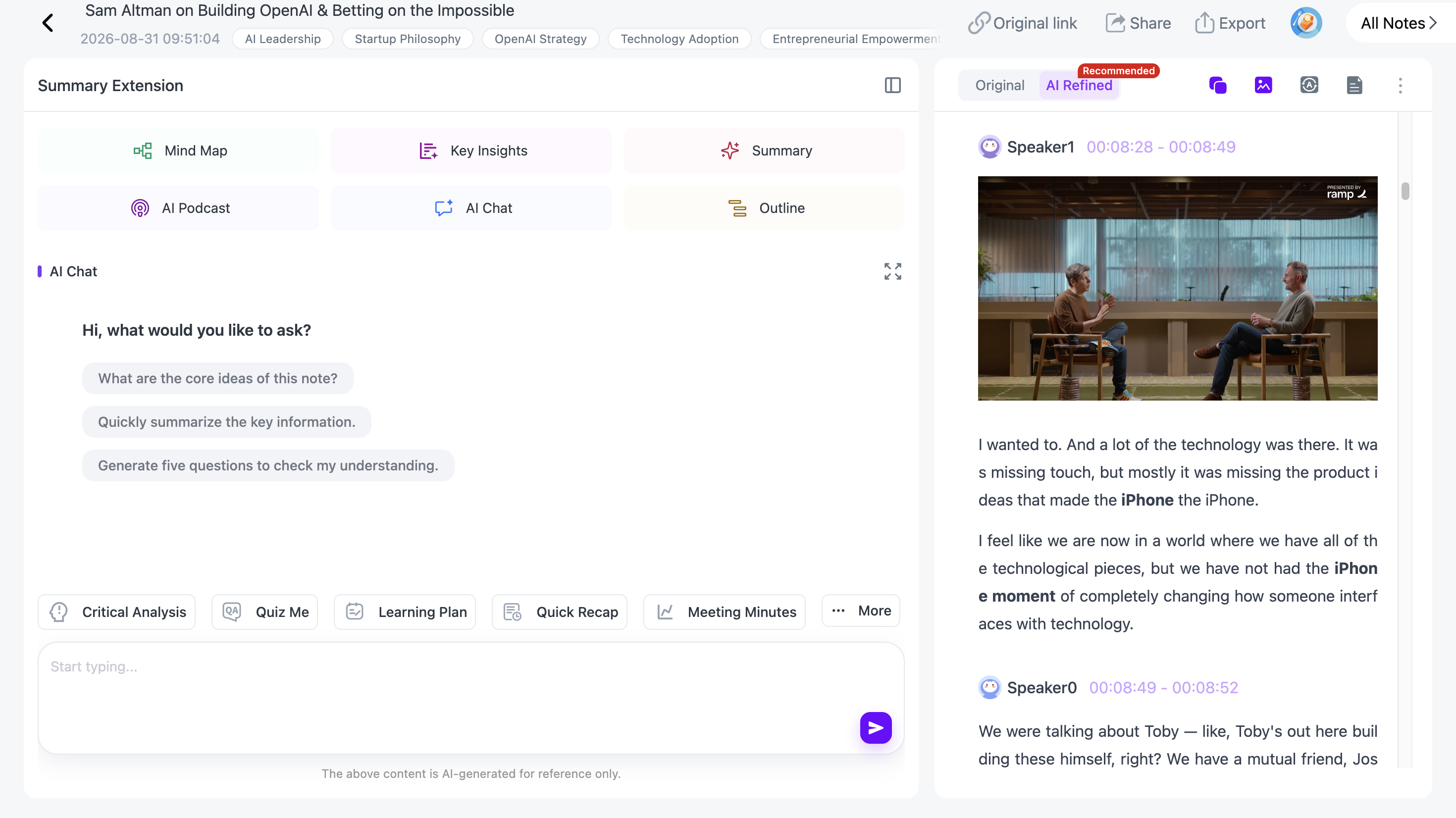 Reviewing a YouTube mind map while the original video remains available in the NoteAi mini player