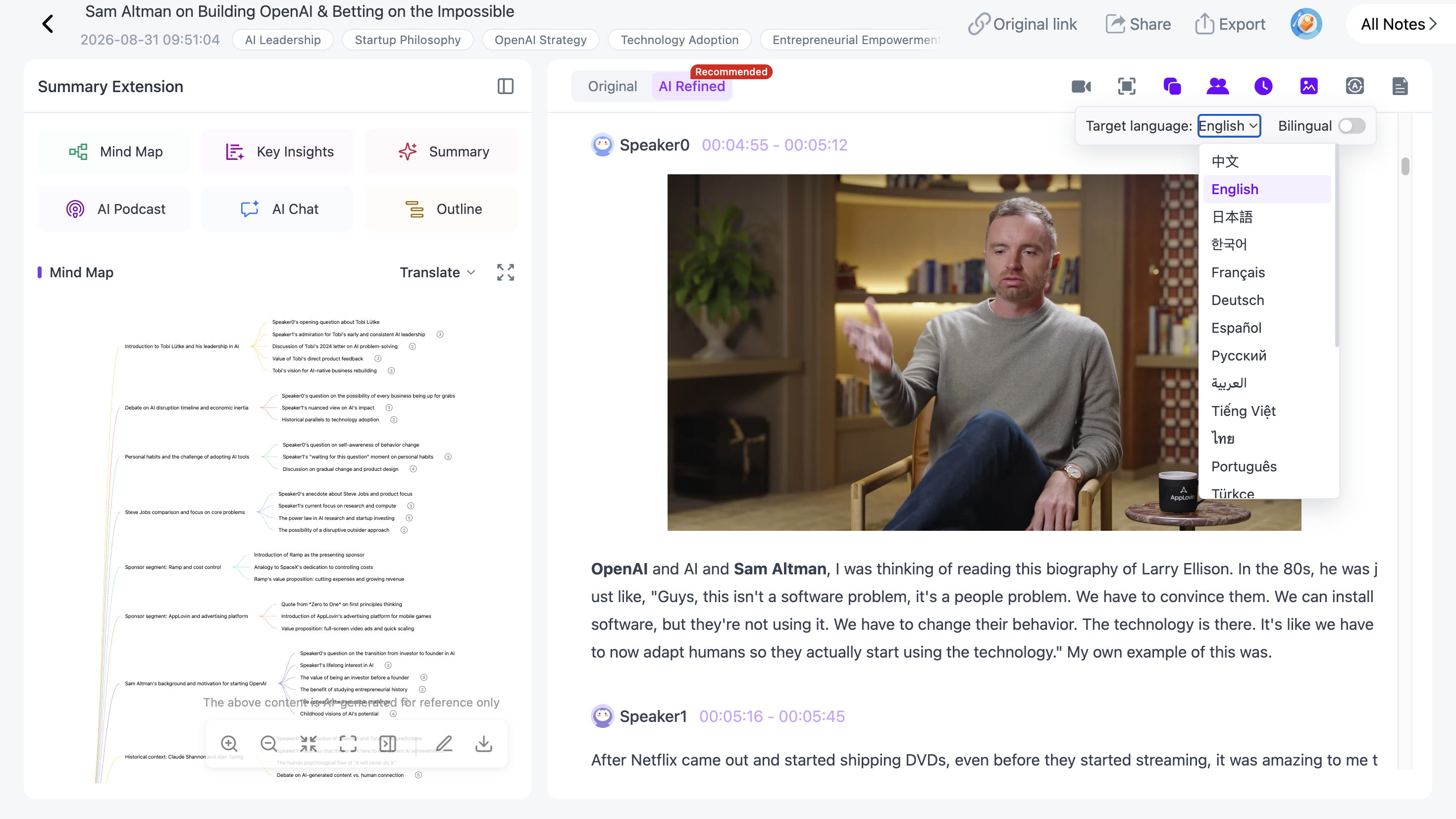 Bilingual audio transcript translated across 22 languages with NoteAi