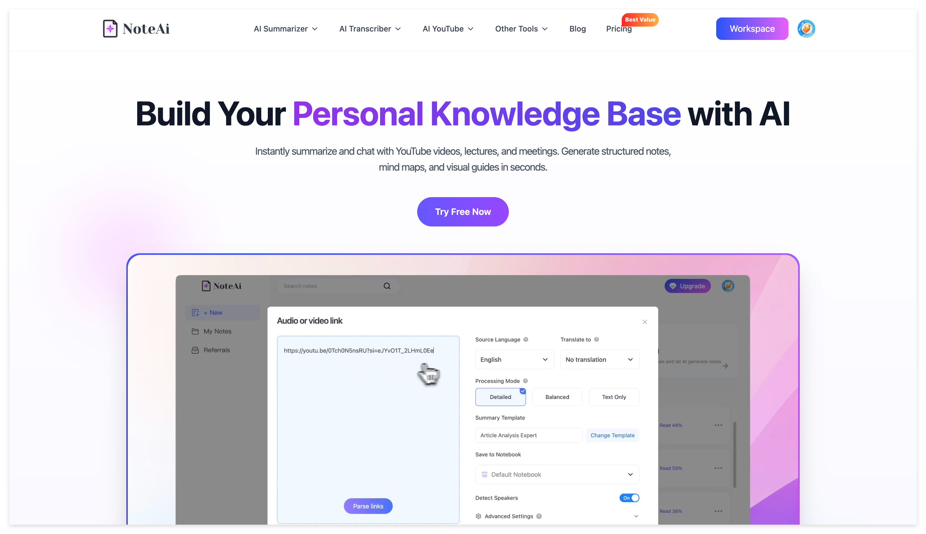 NoteAi AI note taker workflow for recorded lectures, YouTube classes and student review